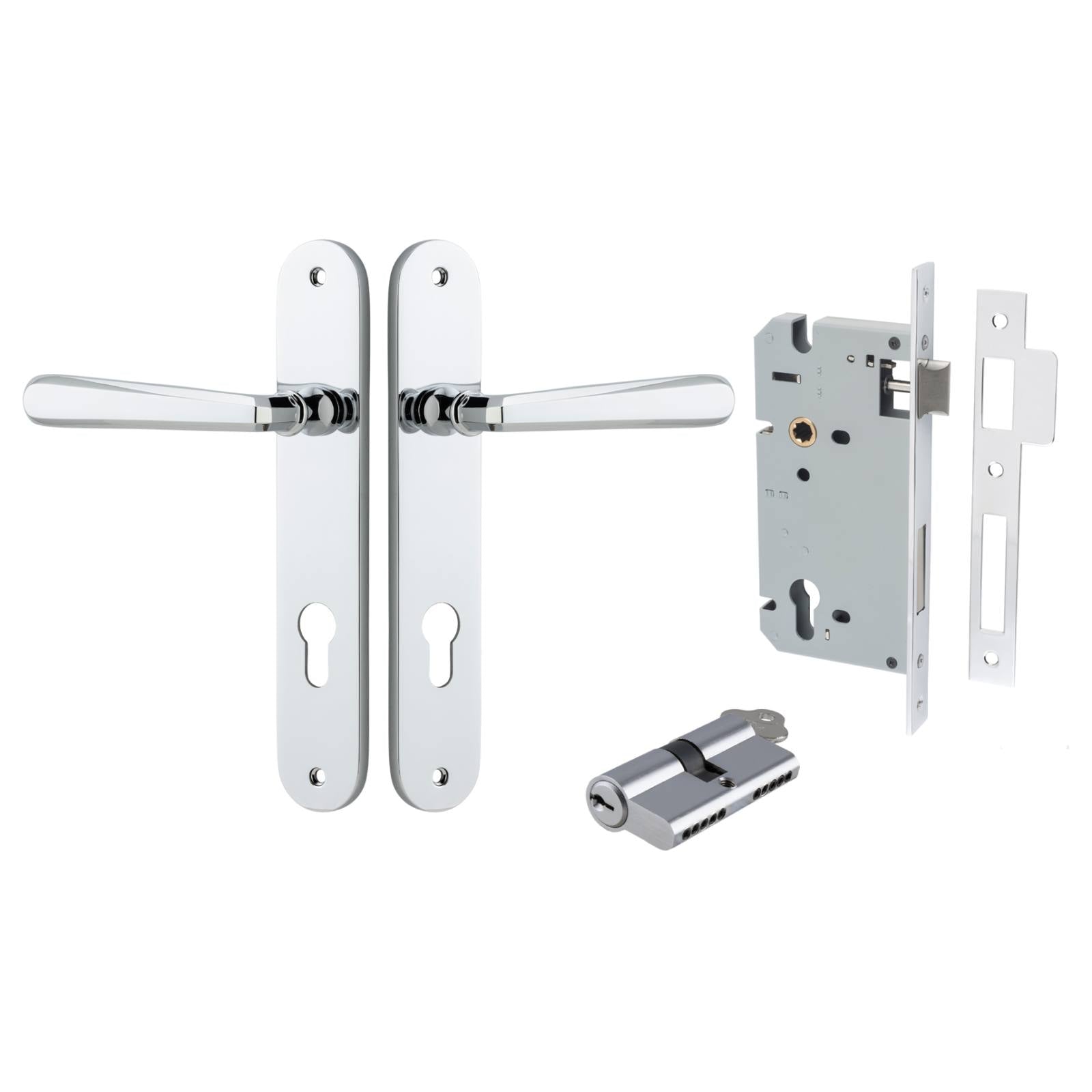 Copenhagen Lever Oval Backplate Entrance Kit w High Security Lock Polished Chrome