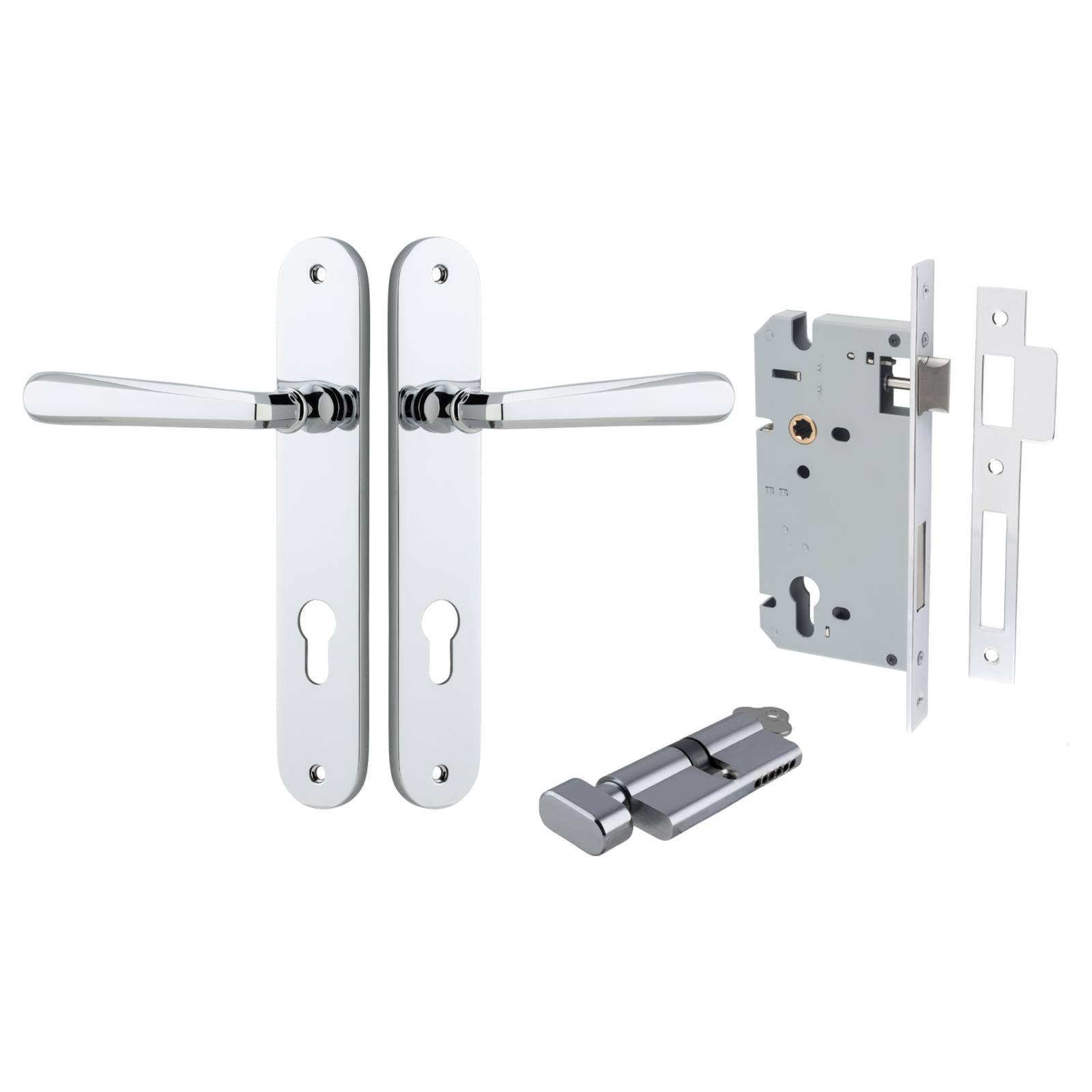 Copenhagen Lever Oval Backplate Entrance Kit w High Security Lock Polished Chrome