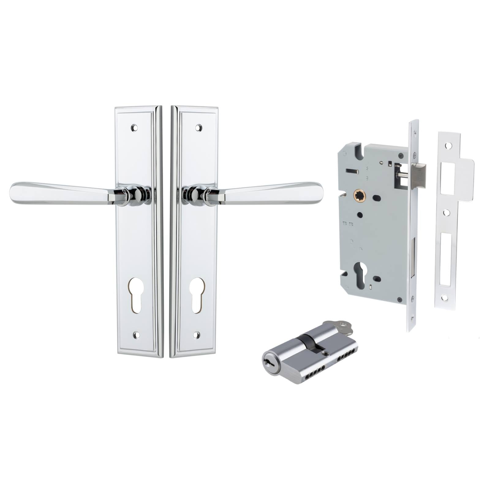 Copenhagen Lever Stepped Backplate Entrance Kit w High Security Lock Polished Chrome