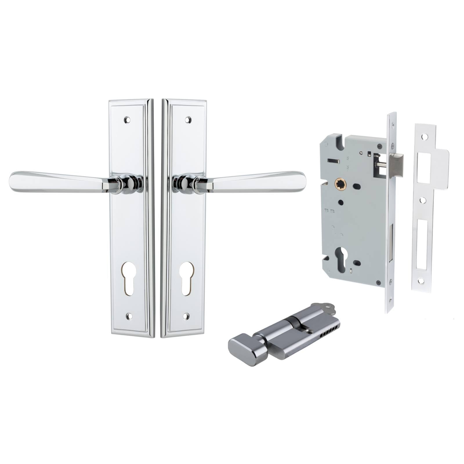 Copenhagen Lever Stepped Backplate Entrance Kit w High Security Lock Polished Chrome