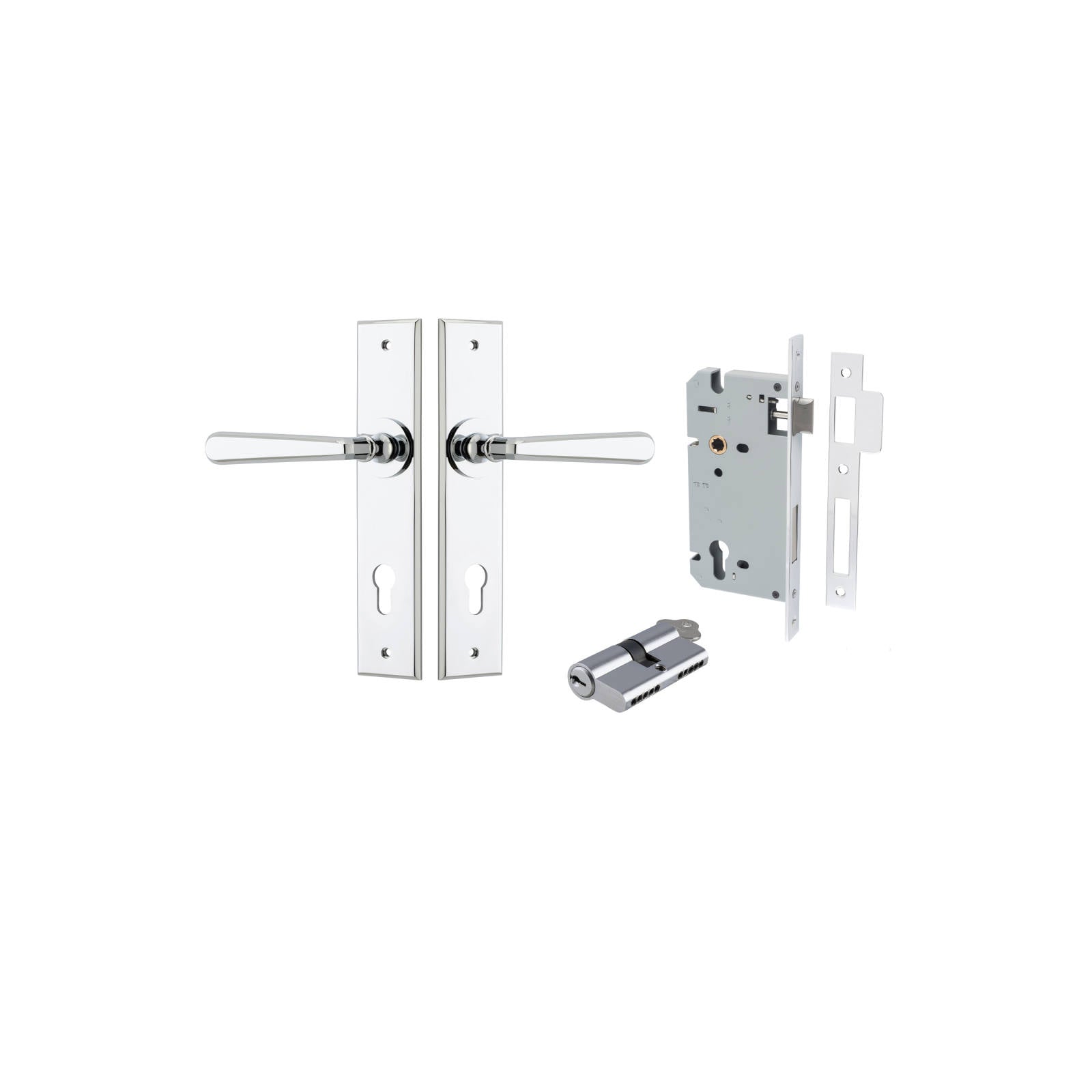 Copenhagen Lever Chamfered Backplate Entrance Kit w High Security Lock Polished Chrome