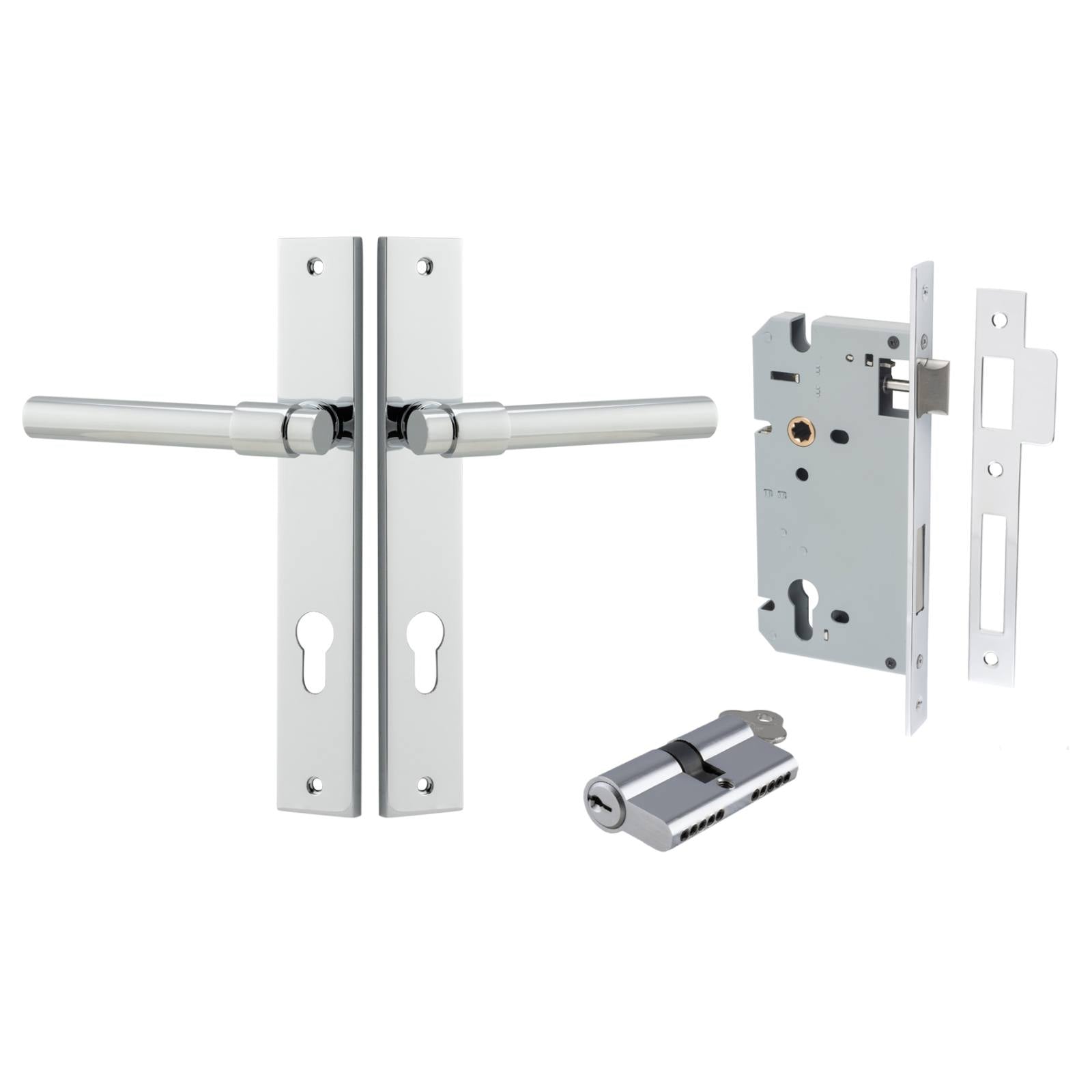 Helsinki Lever Rectangular Backplate Entrance Kit w High Security Lock Polished Chrome