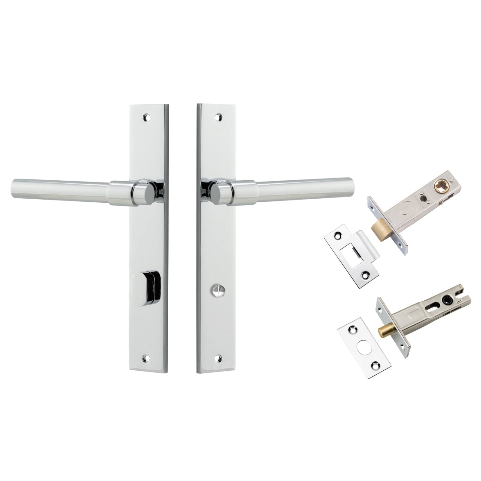 Helsinki Lever Rectangular Backplate Privacy Kit w Privacy Turn Polished Chrome