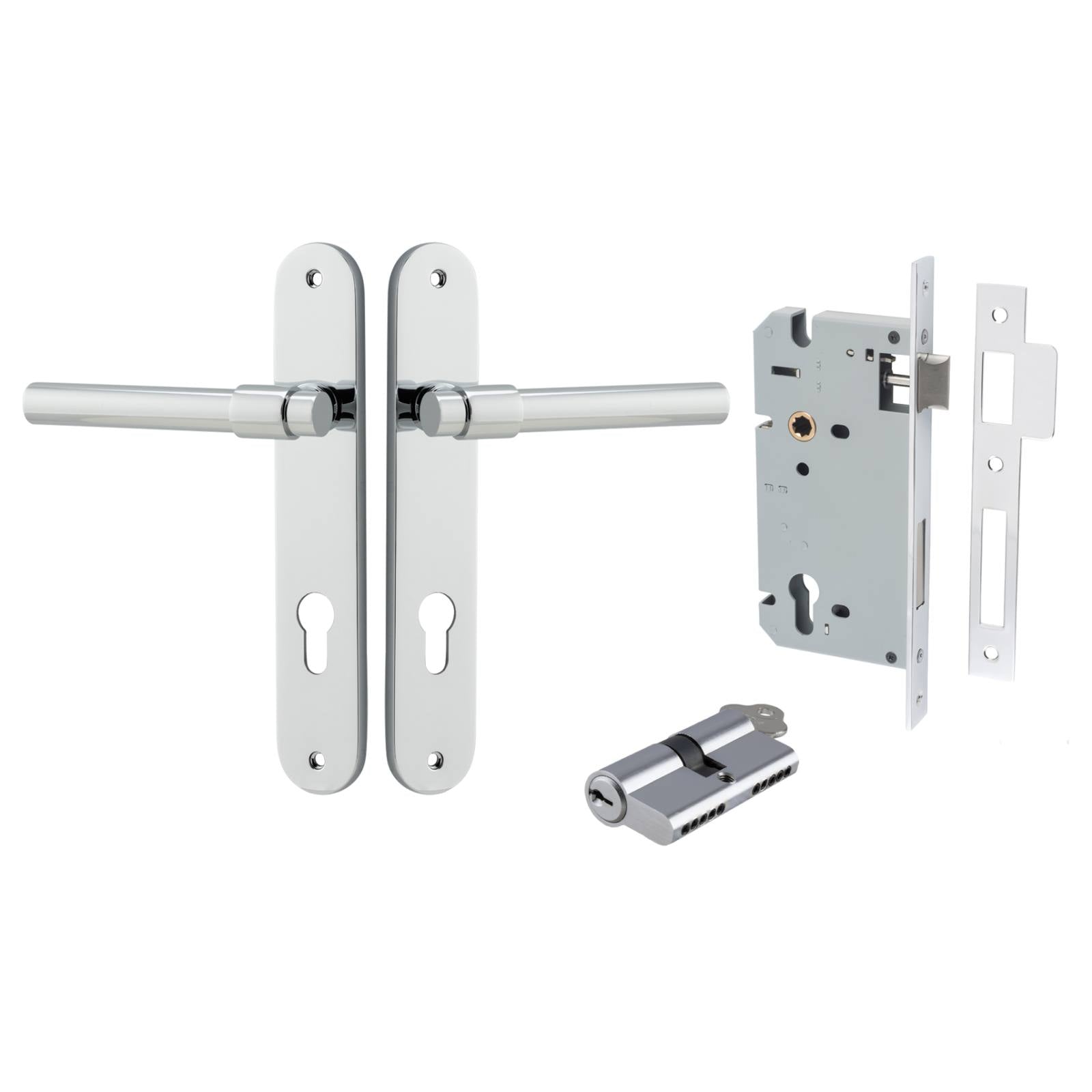 Helsinki Lever Oval Backplate Entrance Kit w High Security Lock Polished Chrome