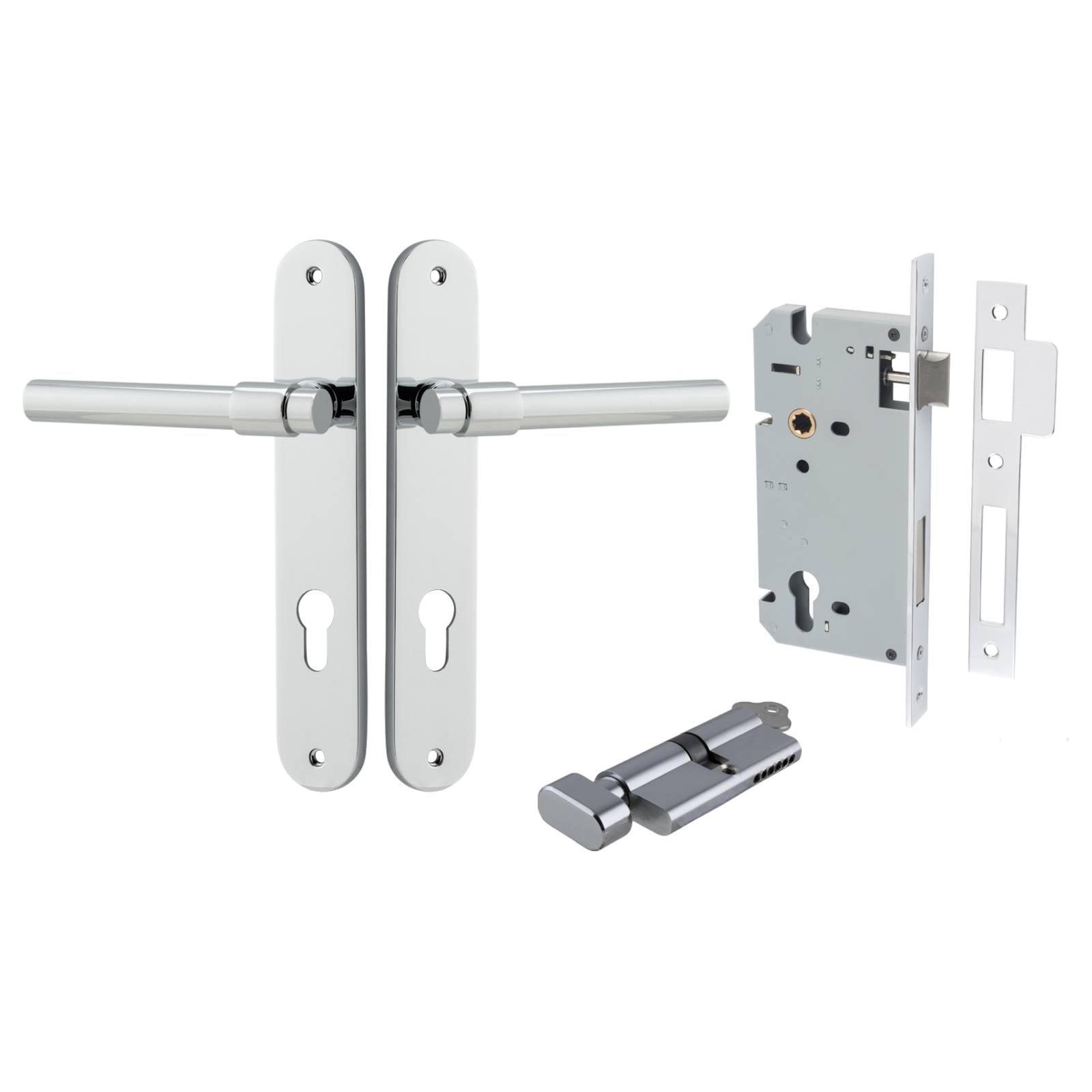 Helsinki Lever Oval Backplate Entrance Kit w High Security Lock Polished Chrome