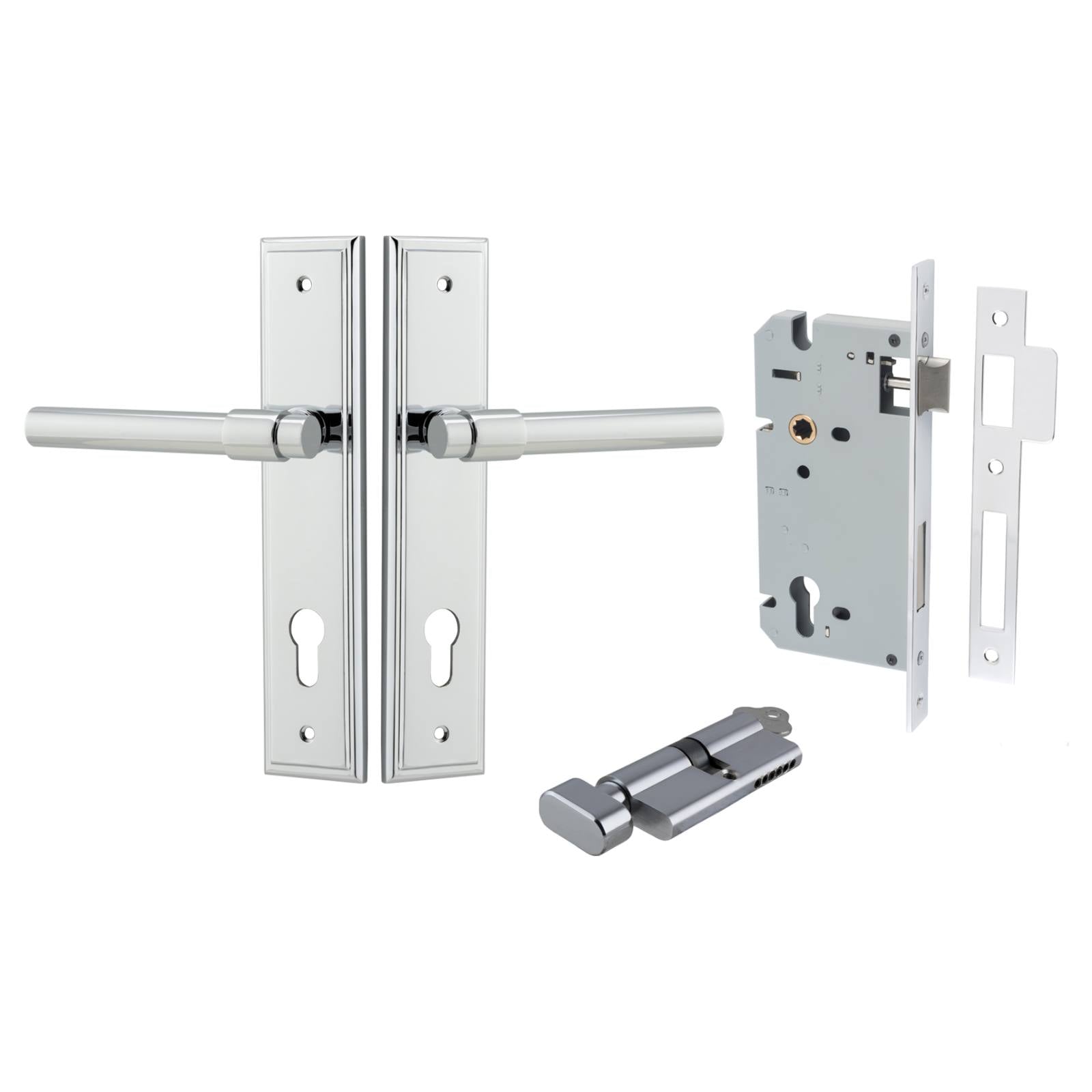 Helsinki Lever Stepped Backplate Entrance Kit w High Security Lock Polished Chrome