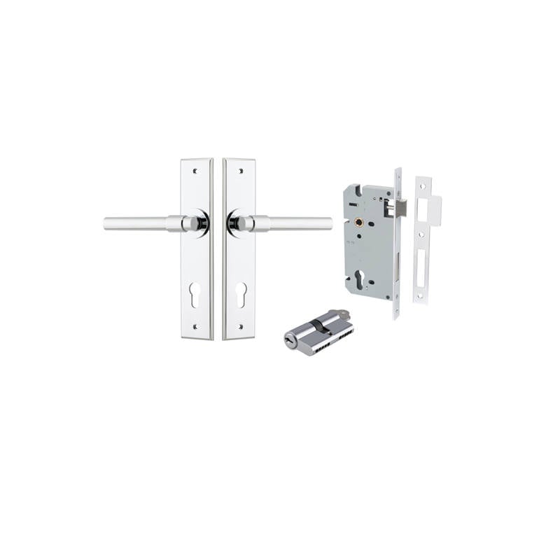 Helsinki Lever Chamfered Backplate Entrance Kit w High Security Lock Polished Chrome