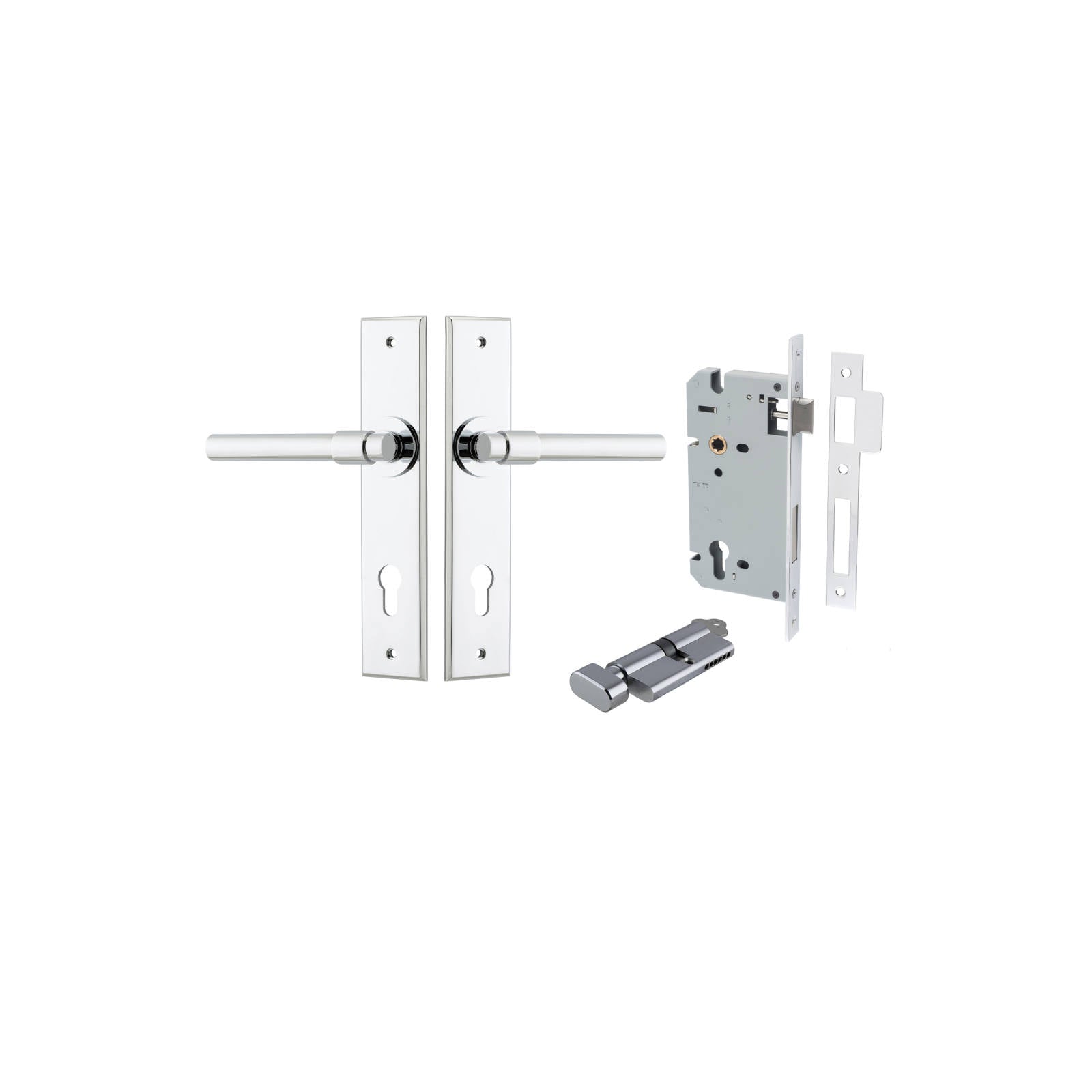 Helsinki Lever Chamfered Backplate Entrance Kit w High Security Lock Polished Chrome