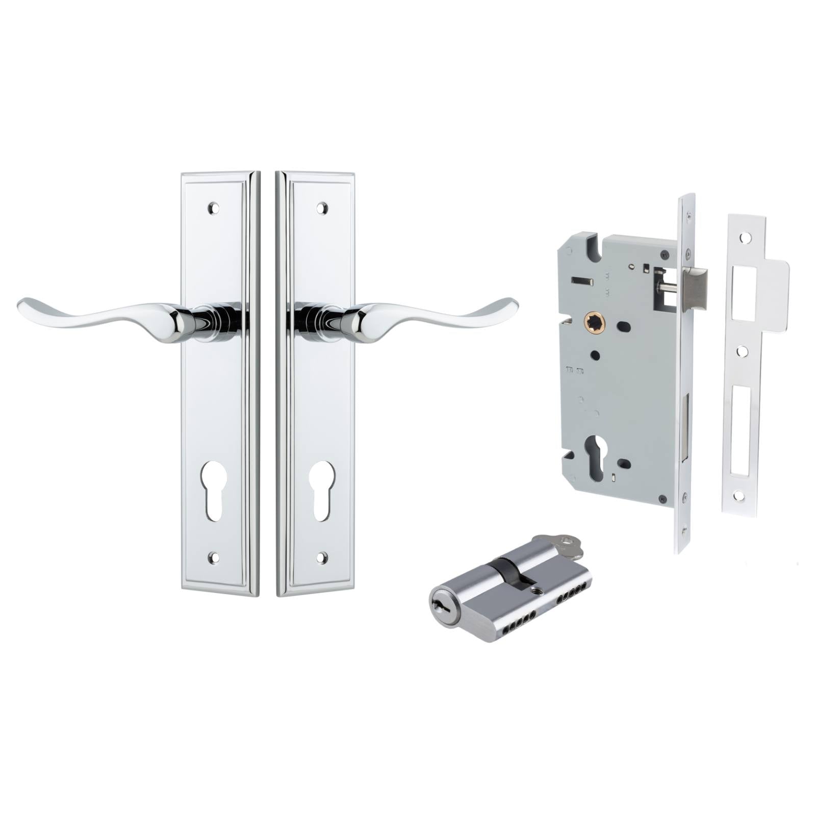 Stirling Lever Stepped Backplate Entrance Kit w High Security Lock Polished Chrome