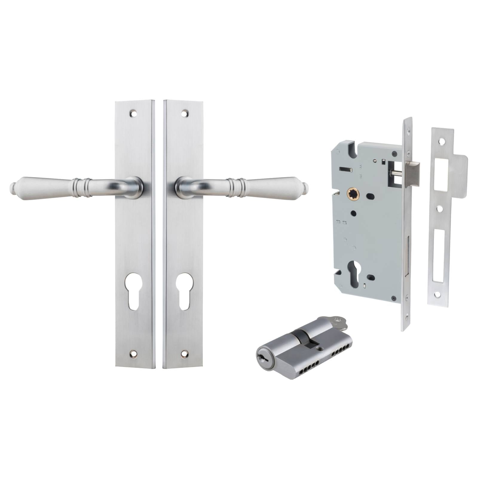 Sarlat Lever Rectangular Backplate Entrance Kit w High Security Lock Brushed Chrome