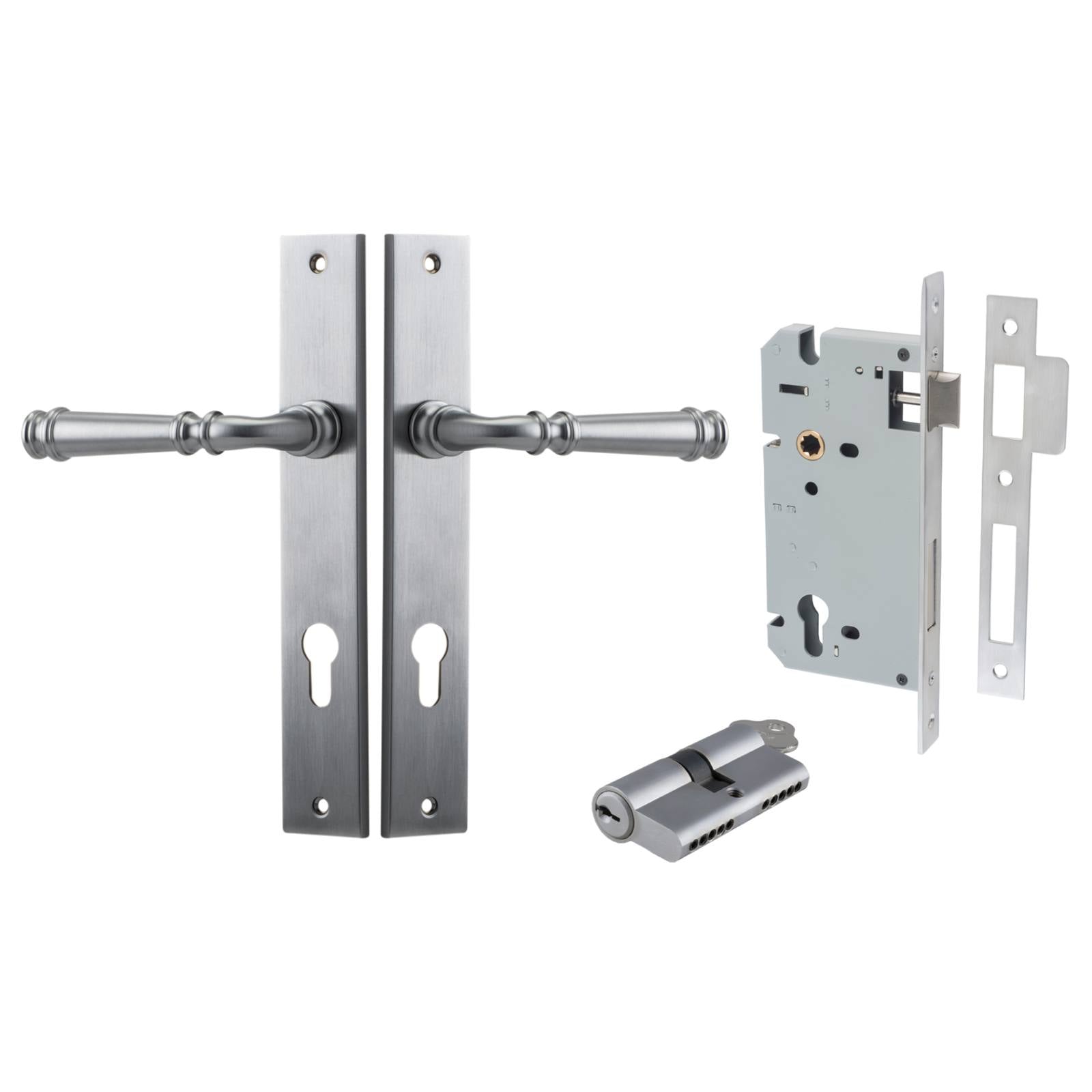 Verona Lever Rectangular Backplate Entrance Kit w High Security Lock Brushed Chrome