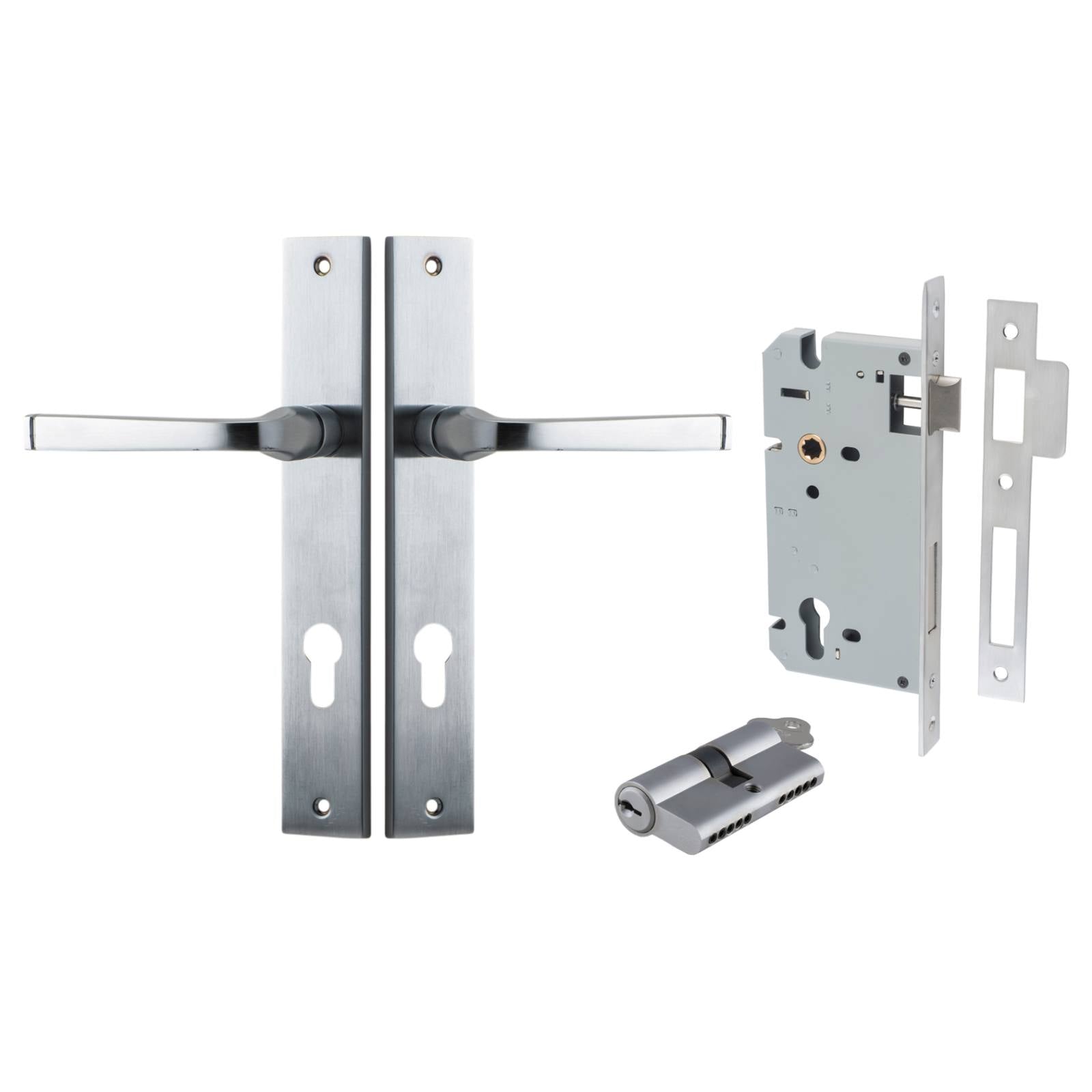 Annecy Lever Rectangular Backplate Entrance Kit w High Security Lock Brushed Chrome