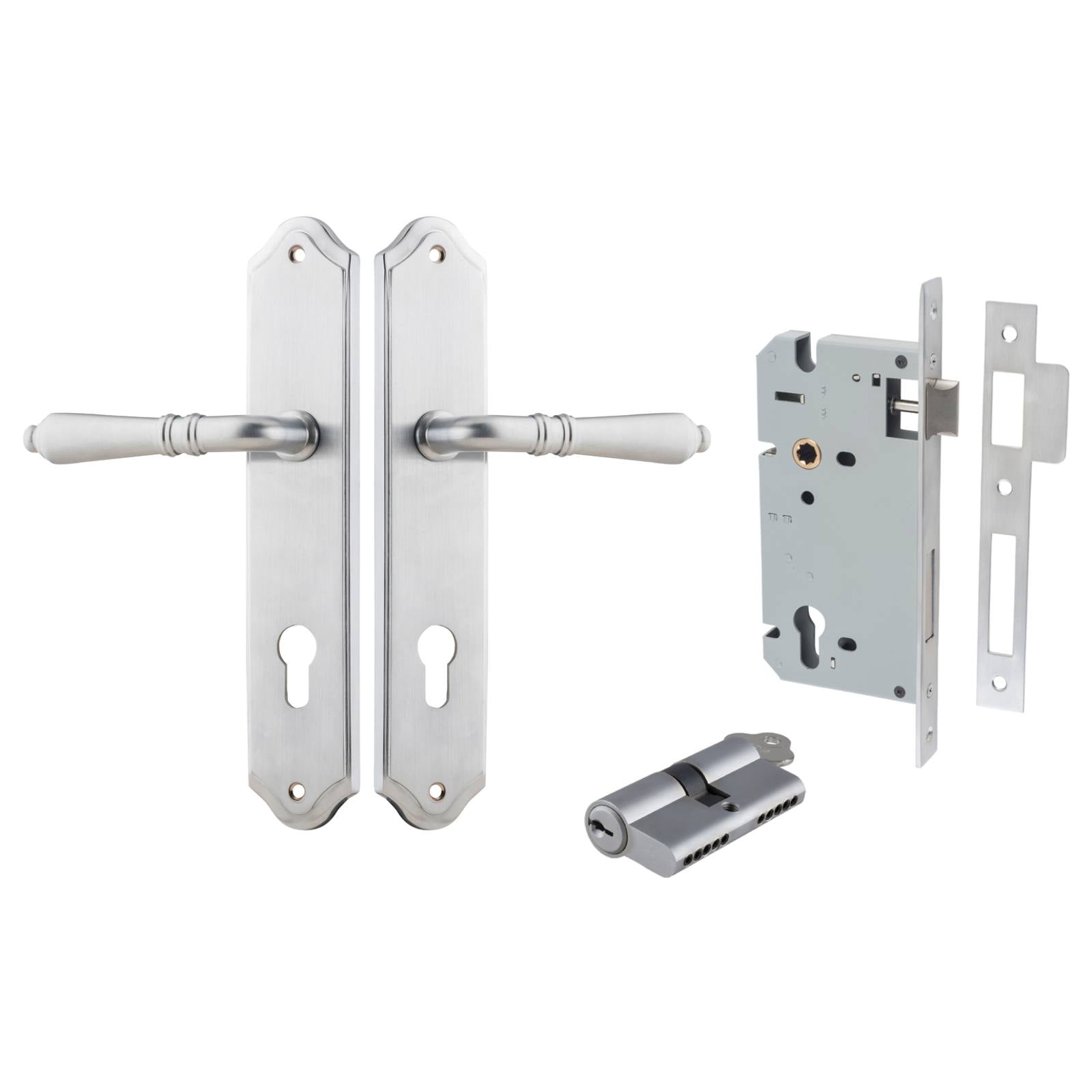 Sarlat Lever Shouldered Backplate Entrance Kit w High Security Lock Brushed Chrome