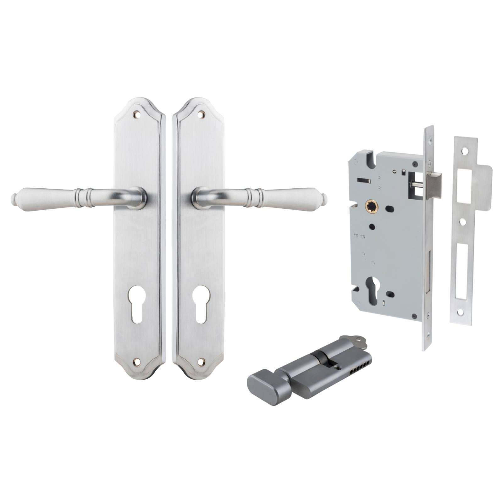 Sarlat Lever Shouldered Backplate Entrance Kit w High Security Lock Brushed Chrome
