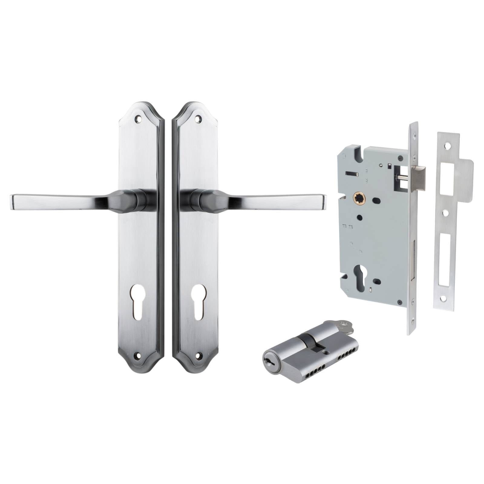 Annecy Lever Shouldered Backplate Entrance Kit w High Security Lock Brushed Chrome