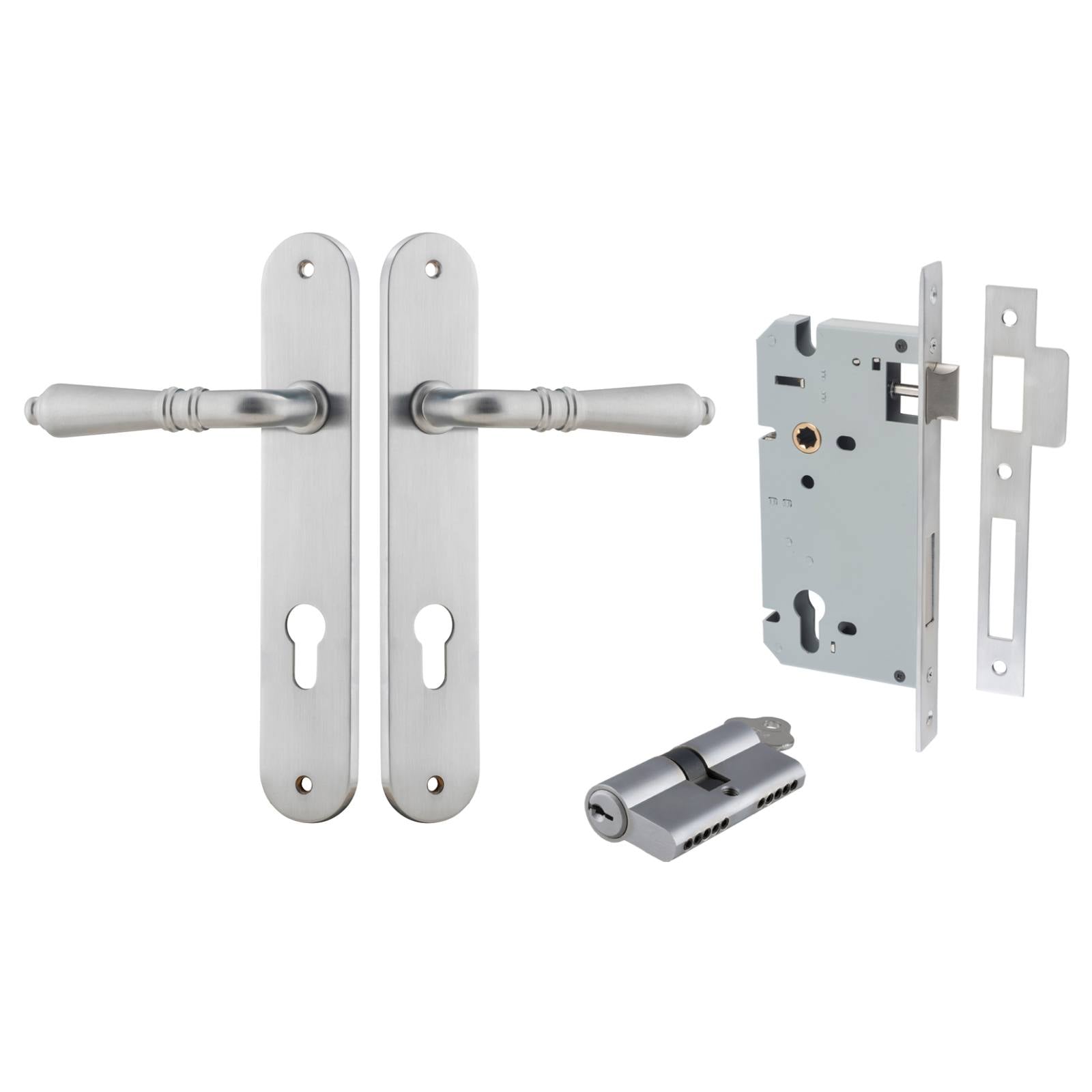 Sarlat Lever Oval Backplate Entrance Kit w High Security Lock Brushed Chrome