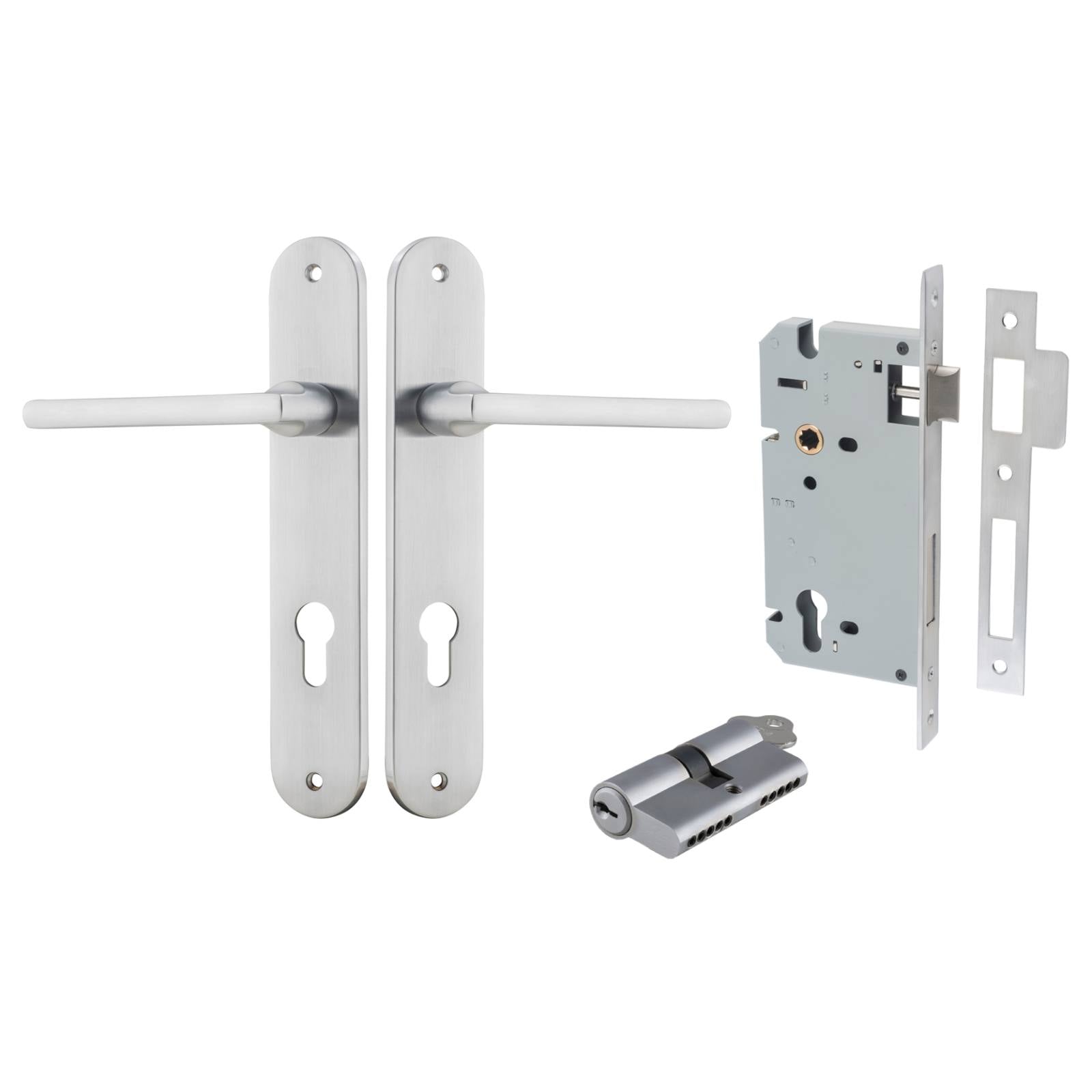 Baltimore Lever Oval Backplate Entrance Kit w High Security Lock Brushed Chrome