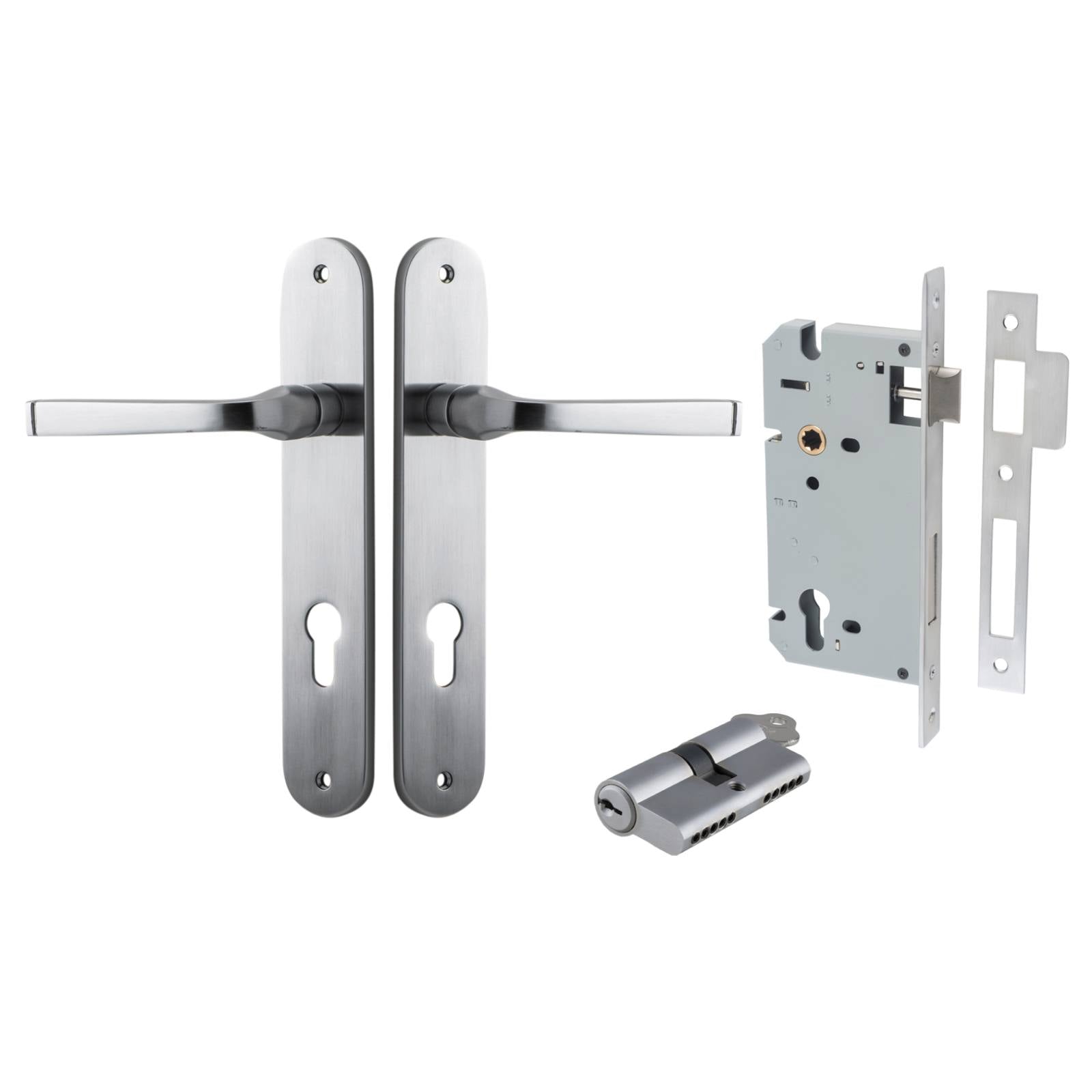 Annecy Lever Oval Backplate Entrance Kit w High Security Lock Brushed Chrome