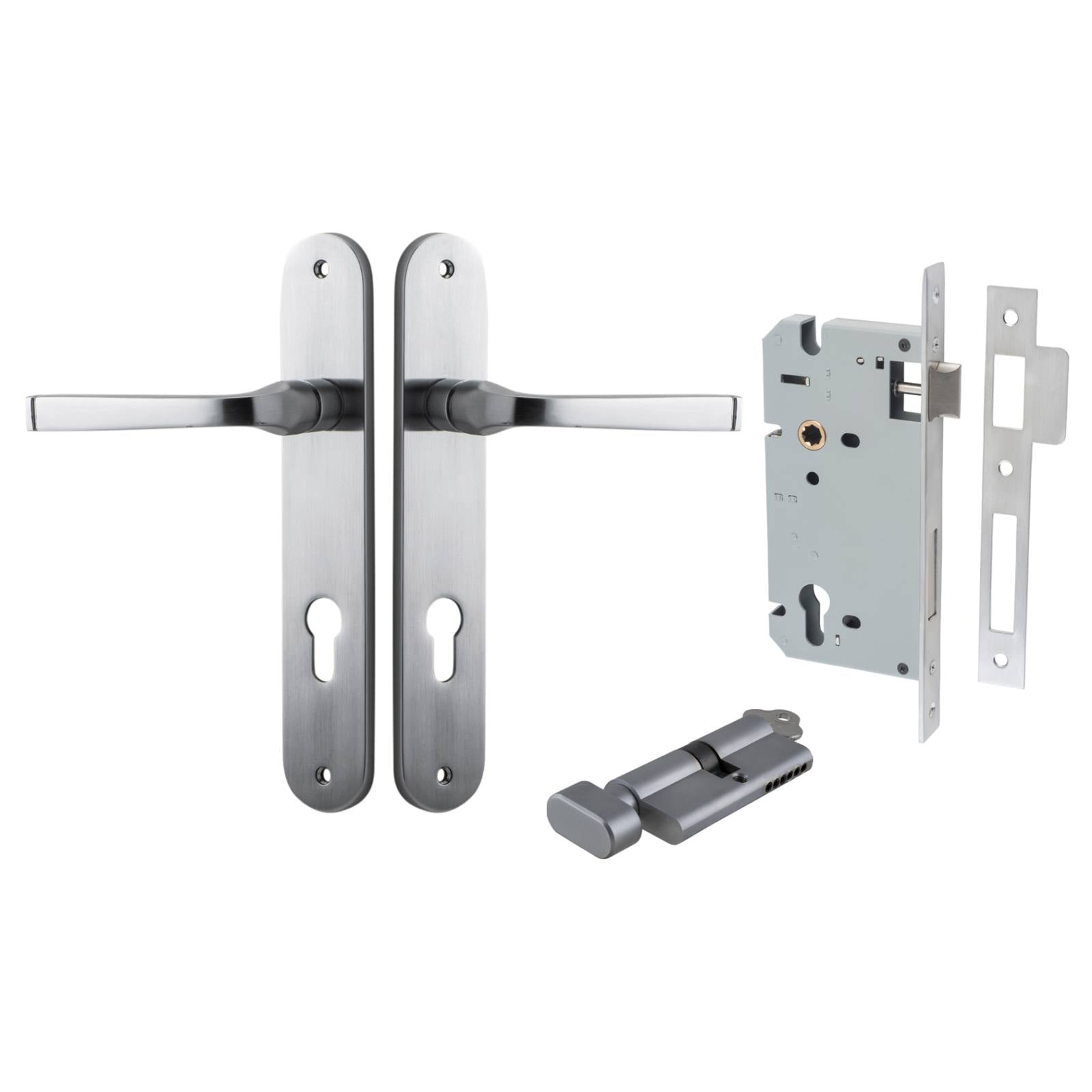 Annecy Lever Oval Backplate Entrance Kit w High Security Lock Brushed Chrome