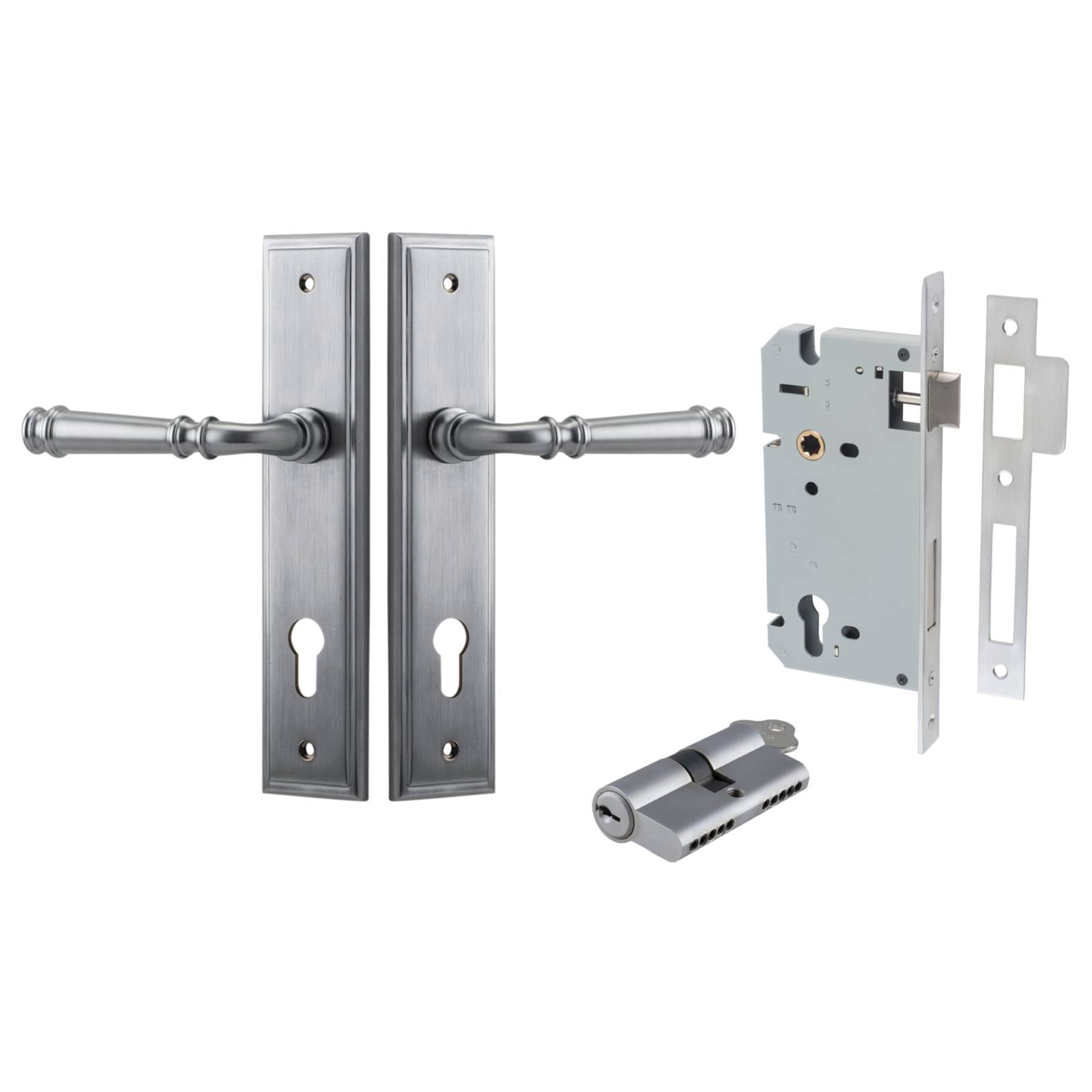 Verona Lever Stepped Backplate Entrance Kit w High Security Lock Brushed Chrome