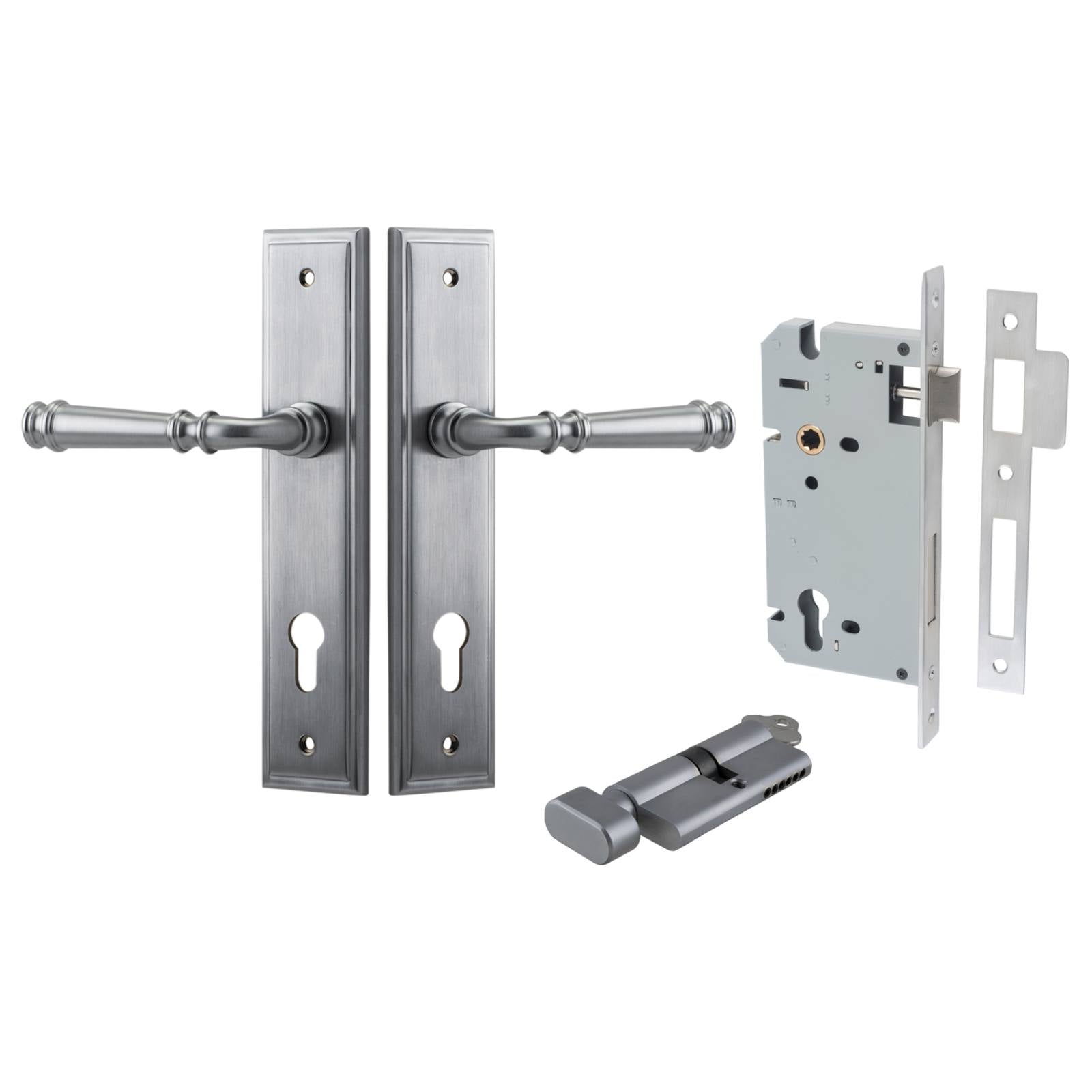 Verona Lever Stepped Backplate Entrance Kit w High Security Lock Brushed Chrome