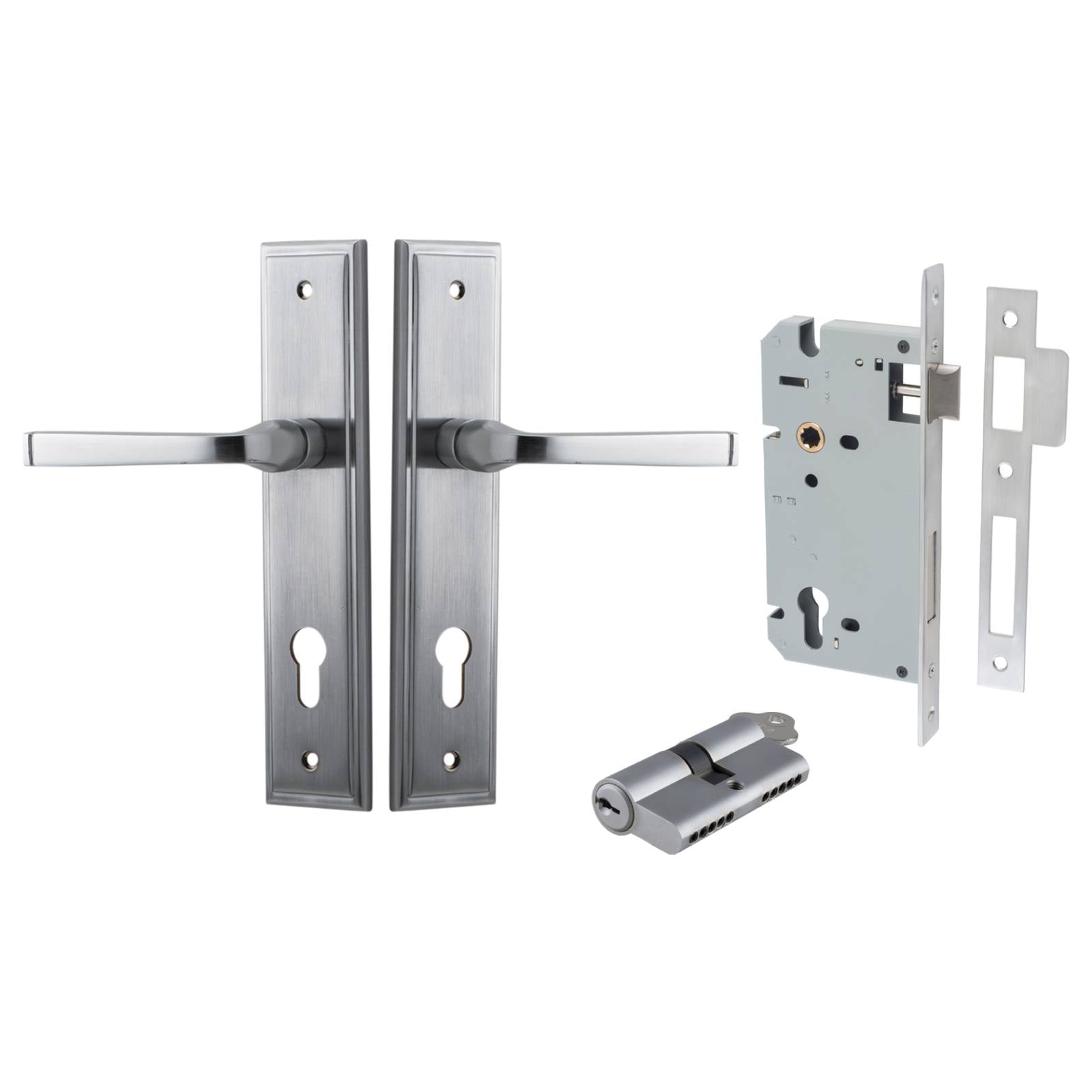 Annecy Lever Stepped Backplate Entrance Kit w High Security Lock Brushed Chrome