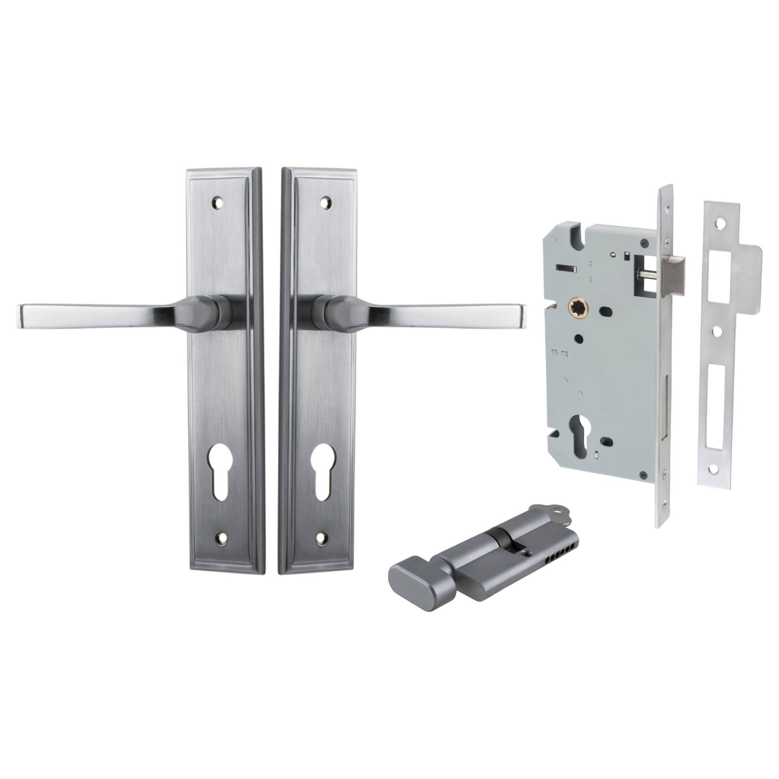 Annecy Lever Stepped Backplate Entrance Kit w High Security Lock Brushed Chrome