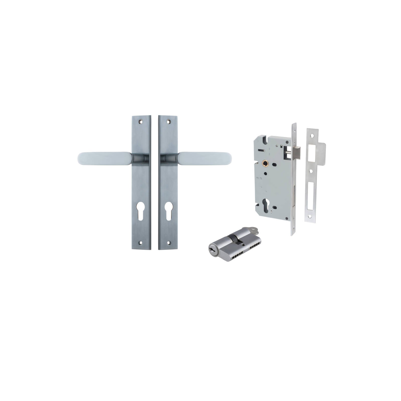 Bronte Lever Rectangular Backplate Entrance Kit w High Security Lock Brushed Chrome