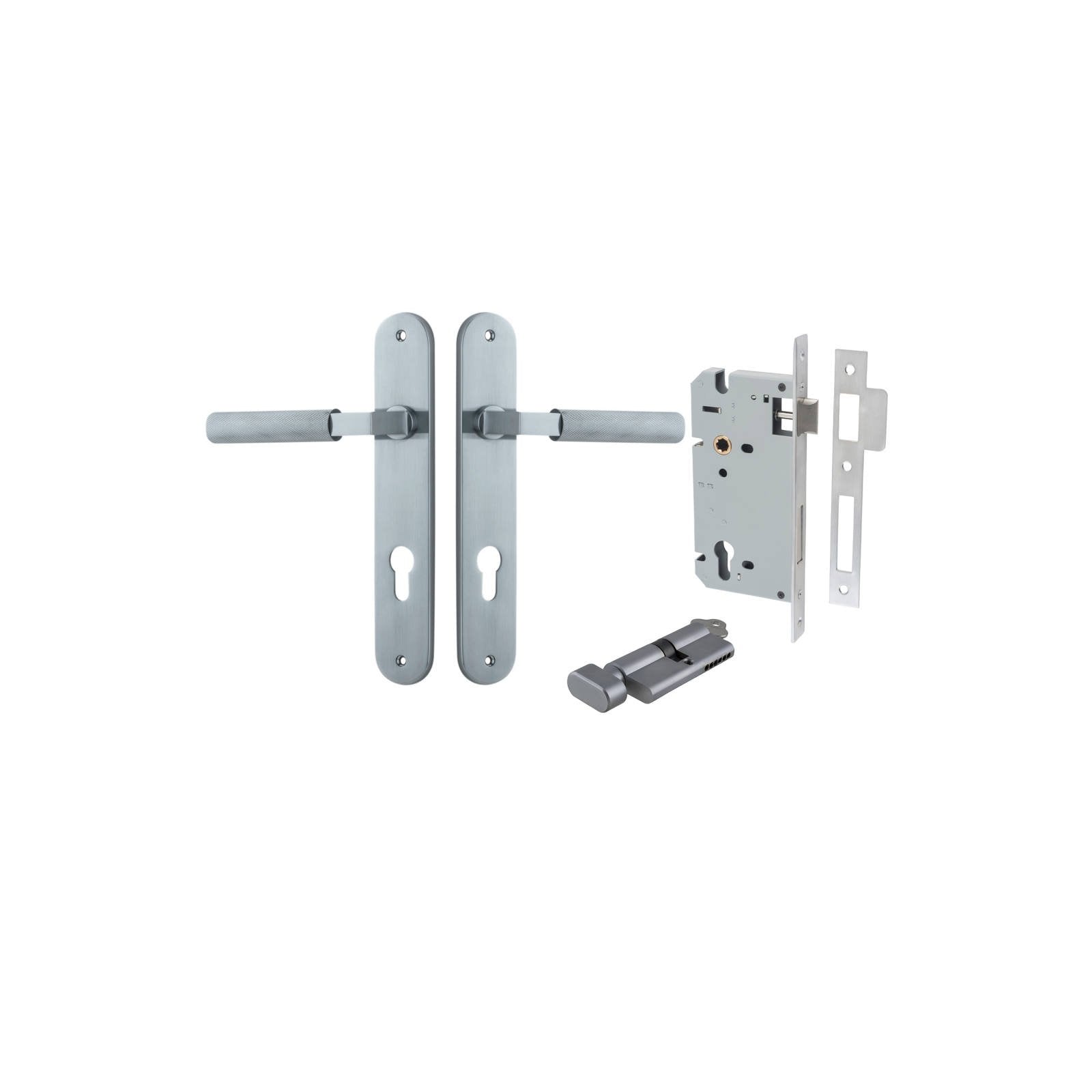 Brunswick Lever Oval Backplate Entrance Kit w High Security Lock Brushed Chrome