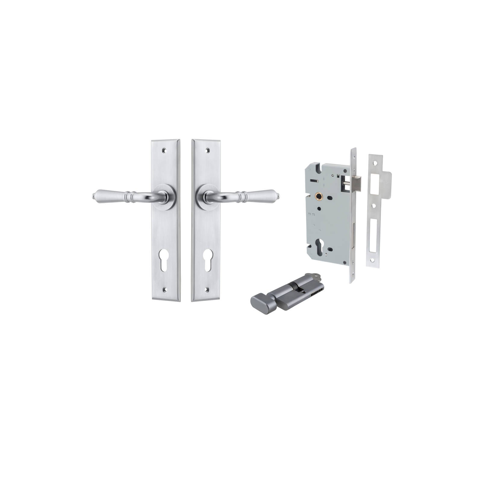 Sarlat Lever Chamfered Backplate Entrance Kit w High Security Lock Brushed Chrome