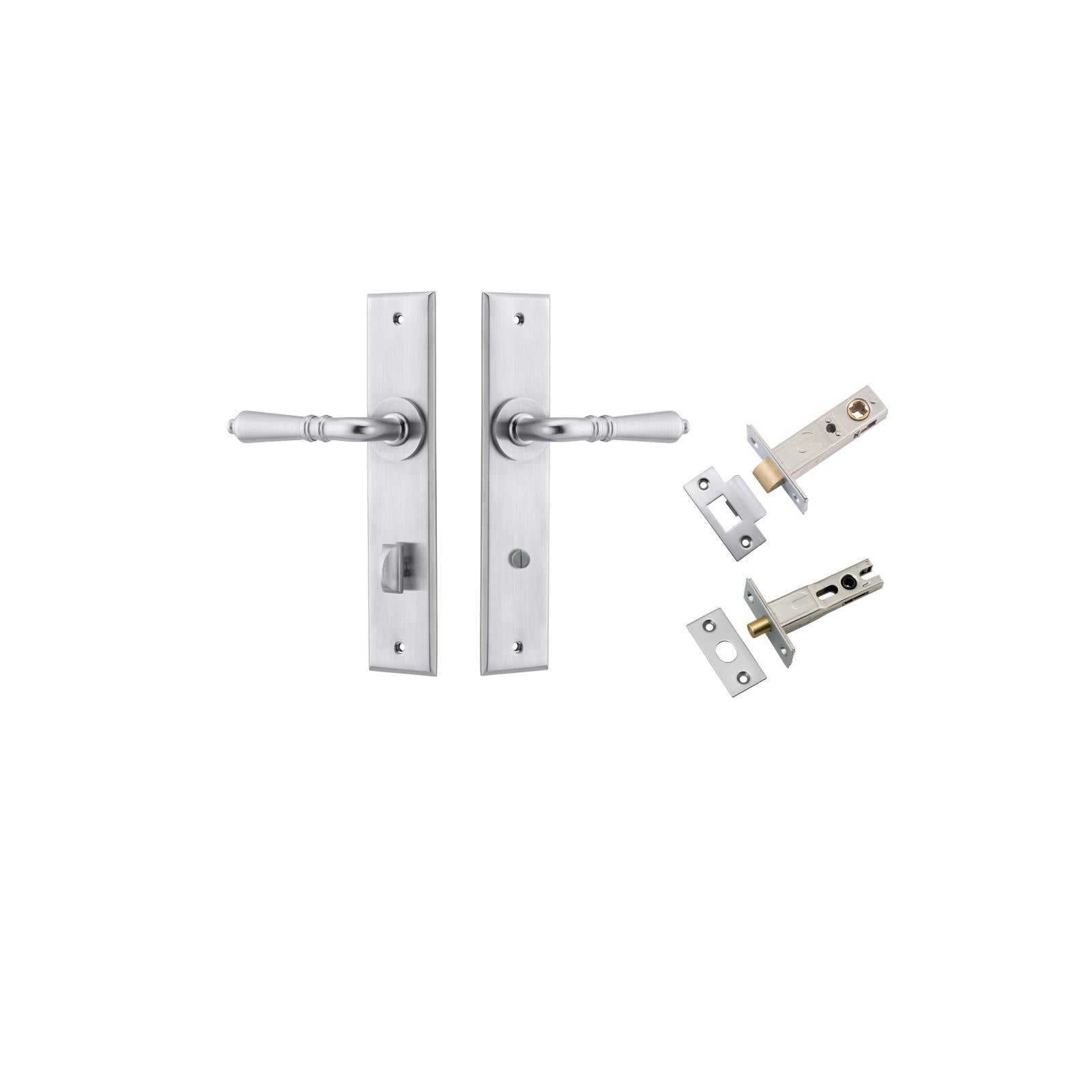 Sarlat Lever Chamfered Backplate Privacy Kit w Privacy Turn Brushed Chrome