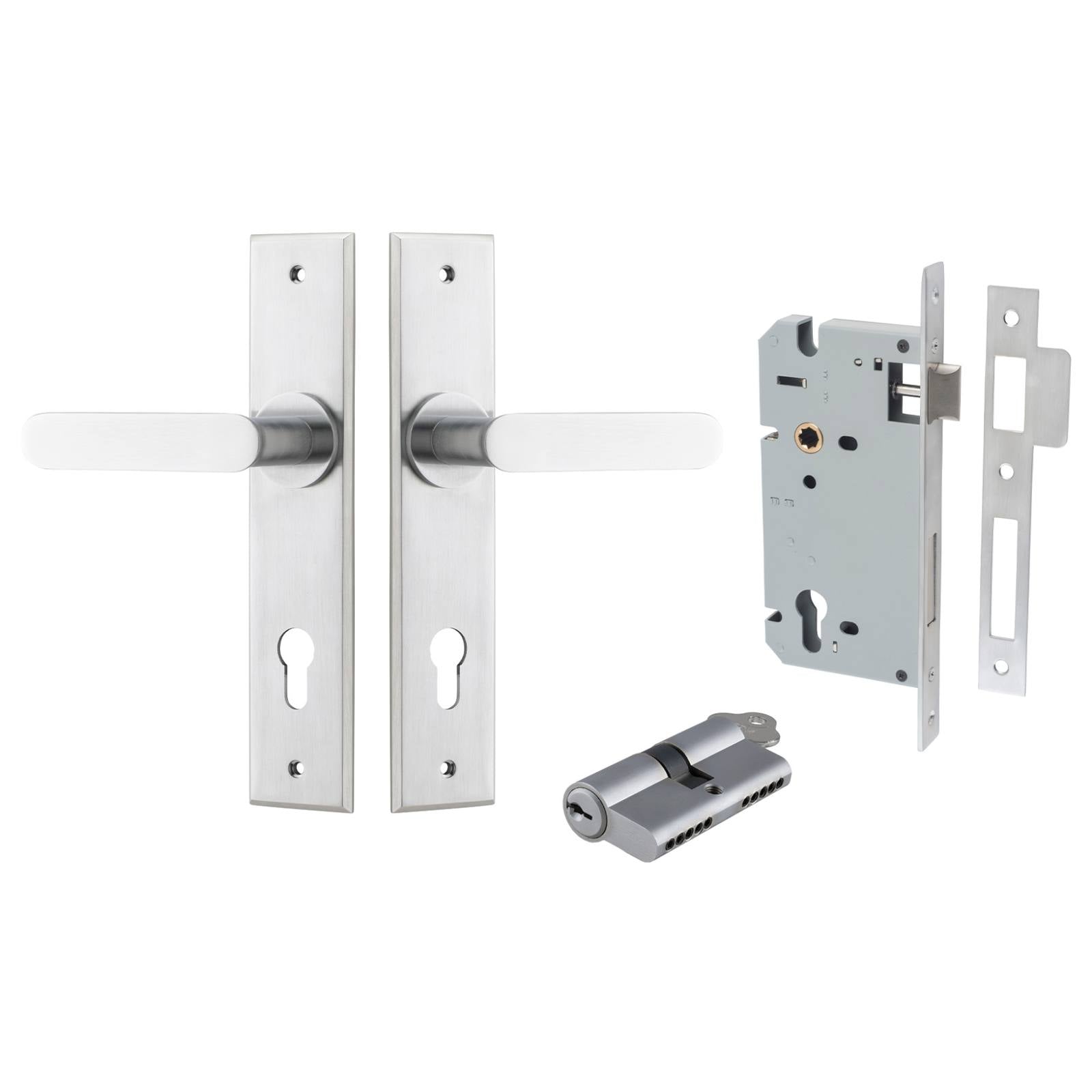 Bronte Lever Chamfered Backplate Entrance Kit w High Security Lock Brushed Chrome