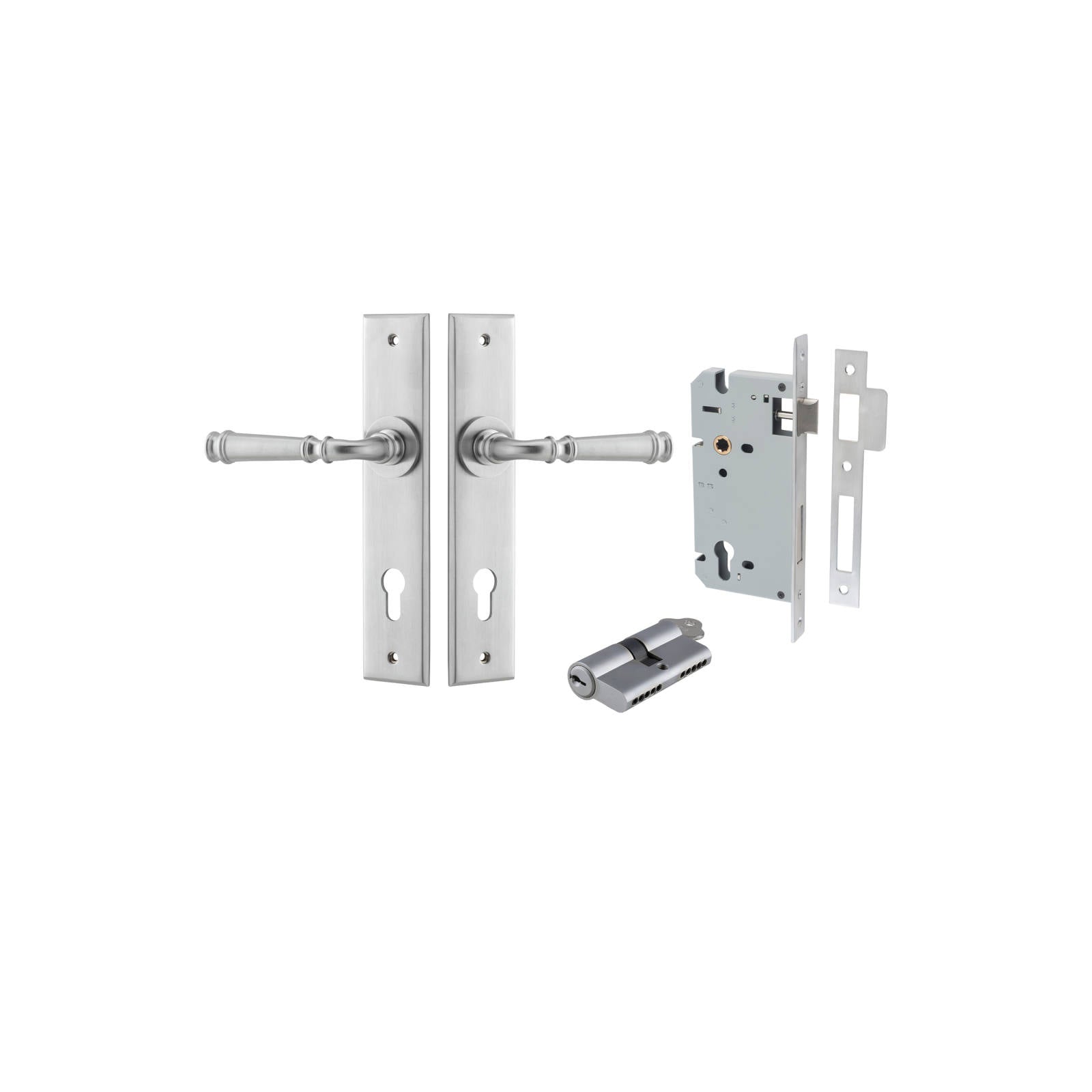 Verona Lever Chamfered Backplate Entrance Kit w High Security Lock Brushed Chrome