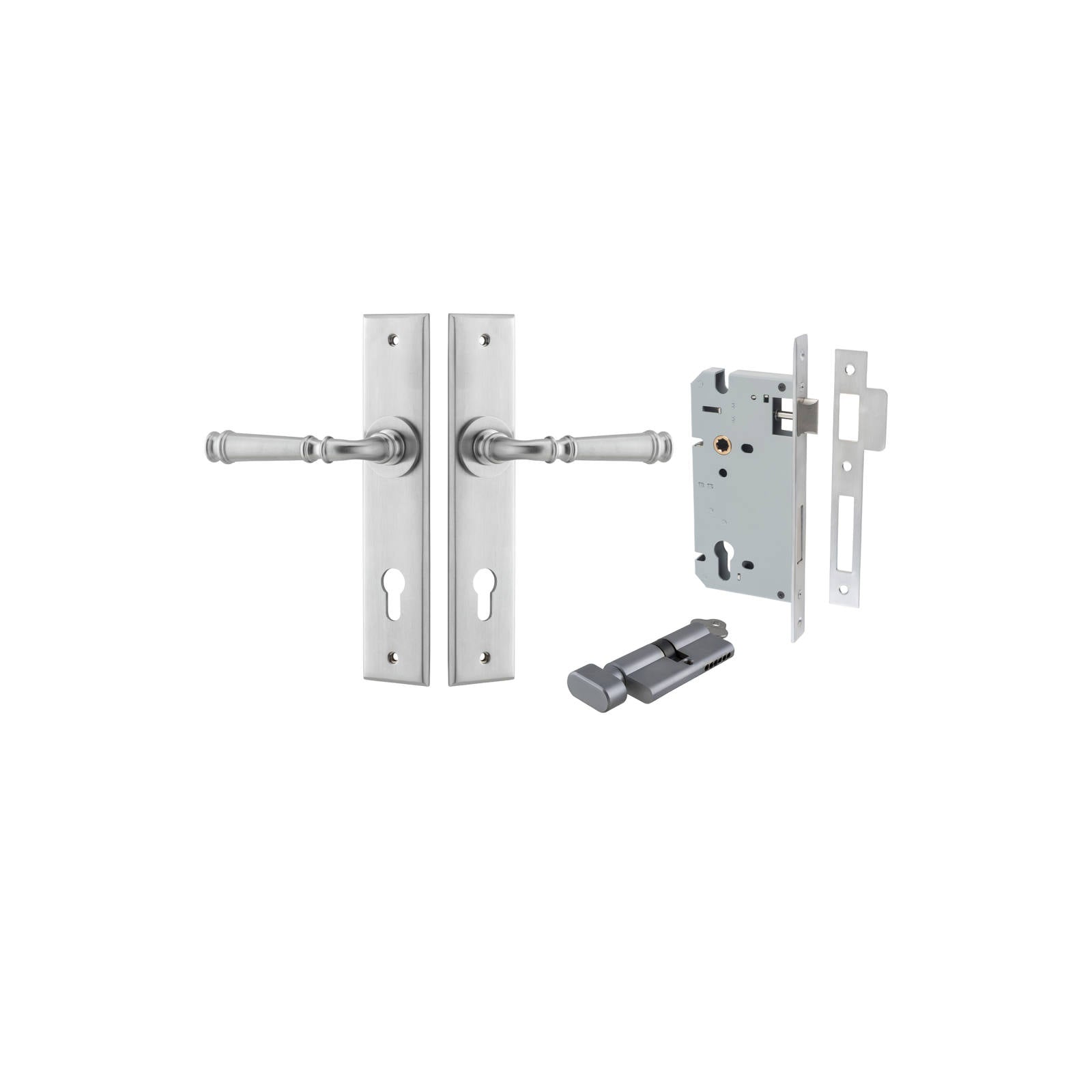 Verona Lever Chamfered Backplate Entrance Kit w High Security Lock Brushed Chrome