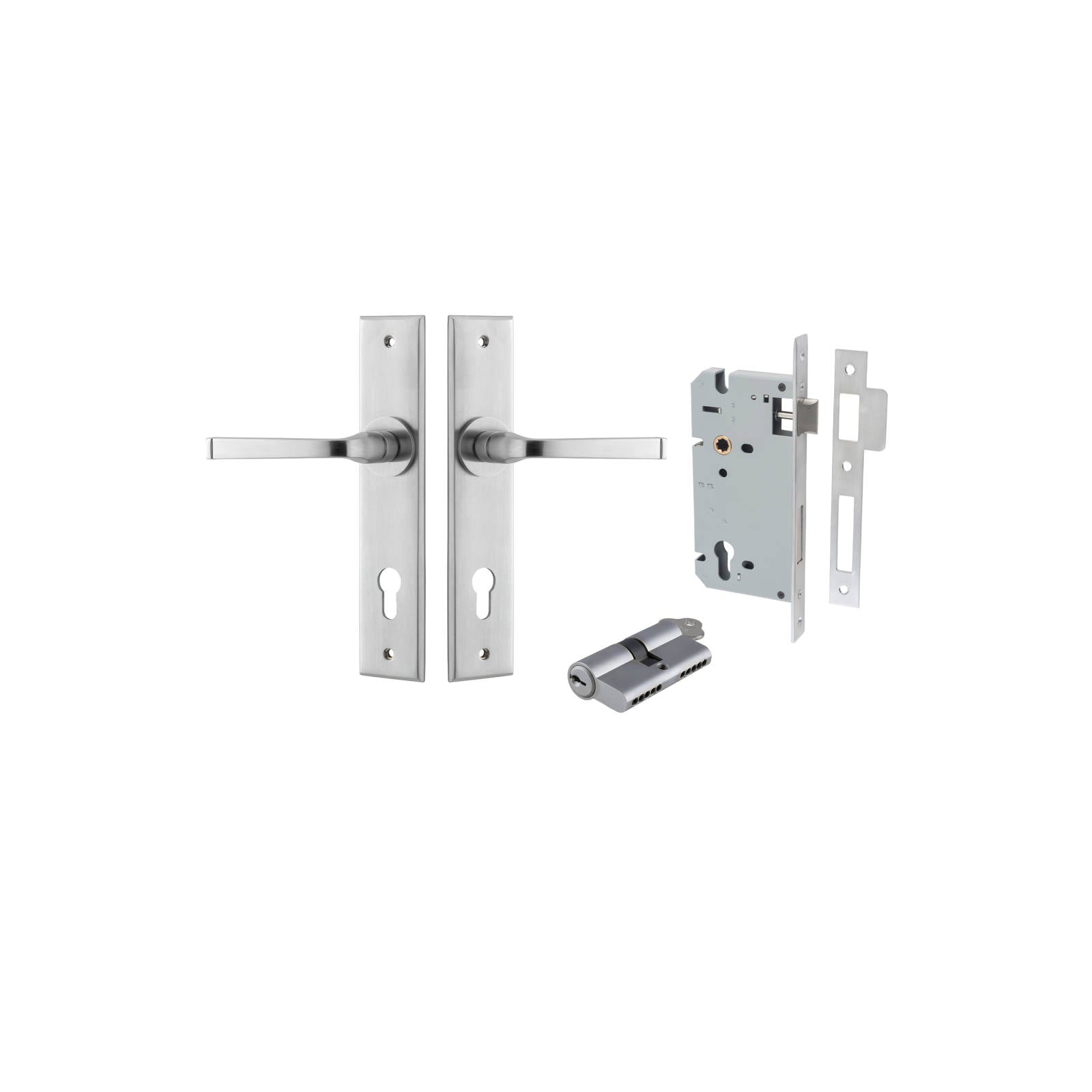 Annecy Lever Chamfered Backplate Entrance Kit w High Security Lock Brushed Chrome