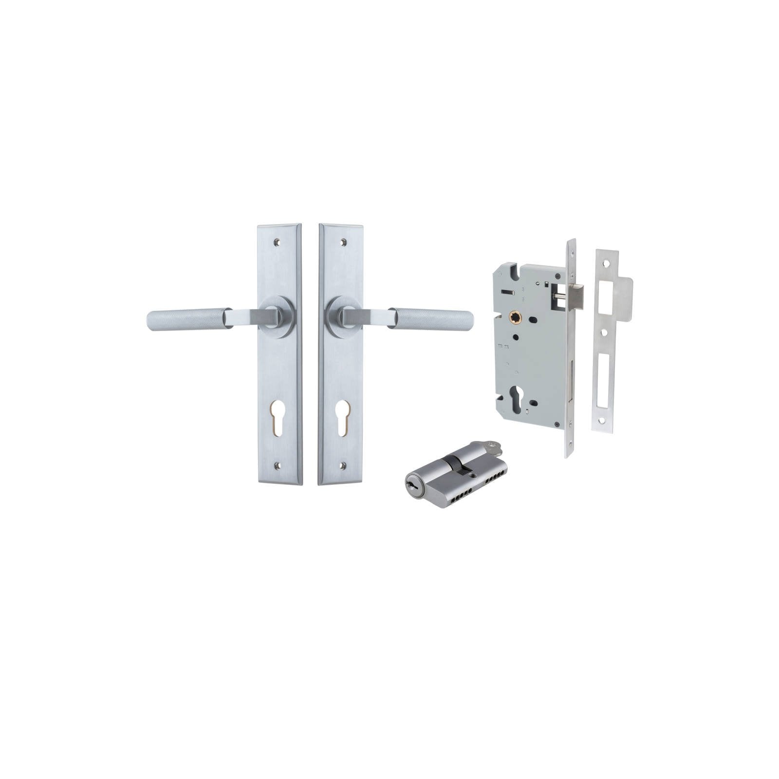 Brunswick Lever Chamfered Backplate Entrance Kit w High Security Lock Brushed Chrome