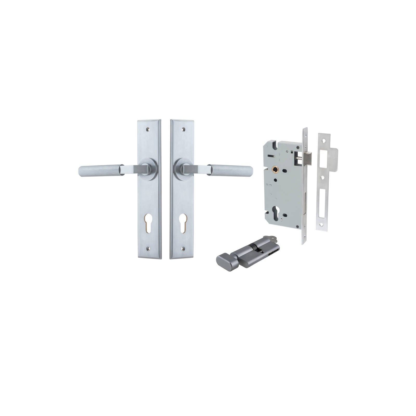 Brunswick Lever Chamfered Backplate Entrance Kit w High Security Lock Brushed Chrome