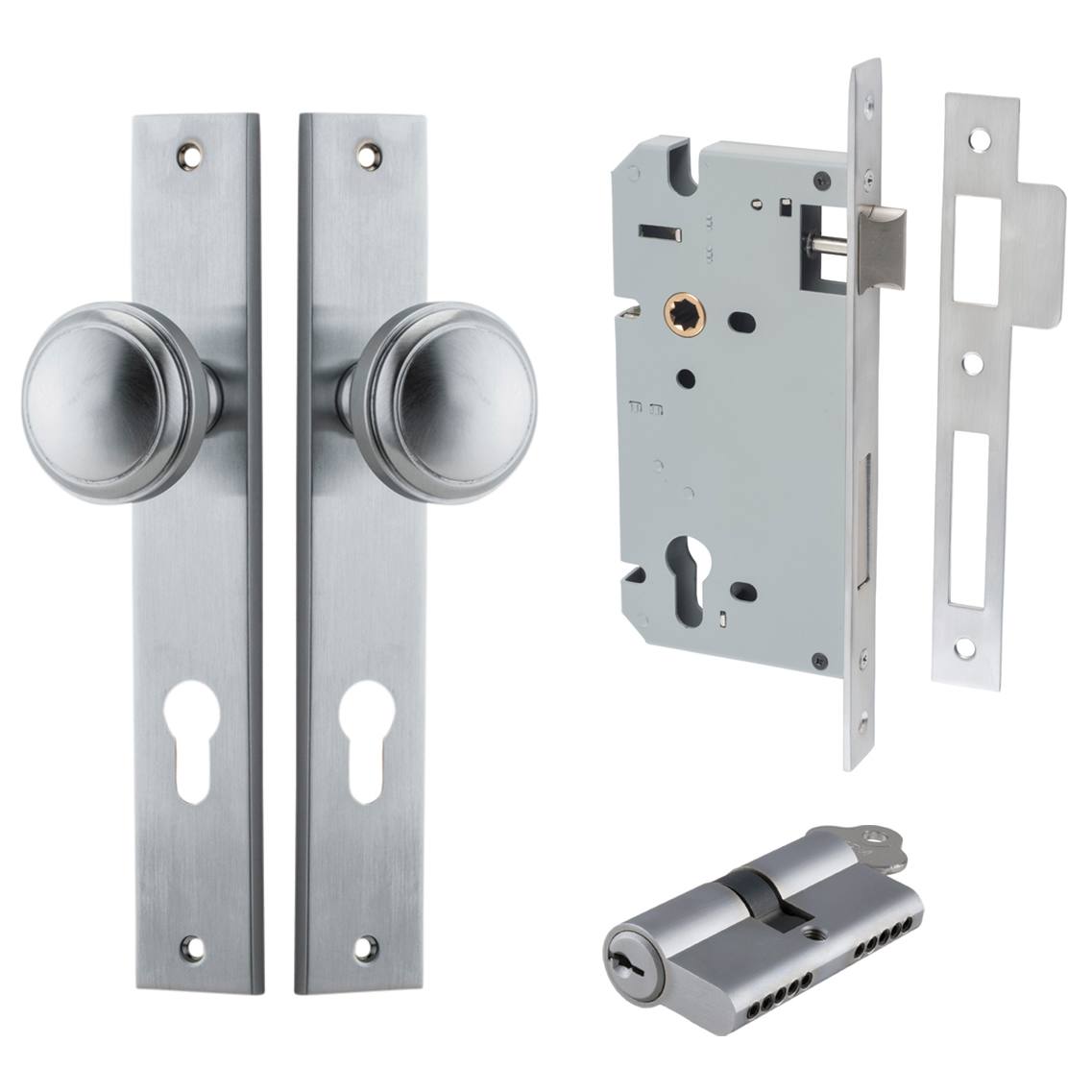 Paddington Knob Rectangular Backplate Entrance Kit w High Security Lock Brushed Chrome