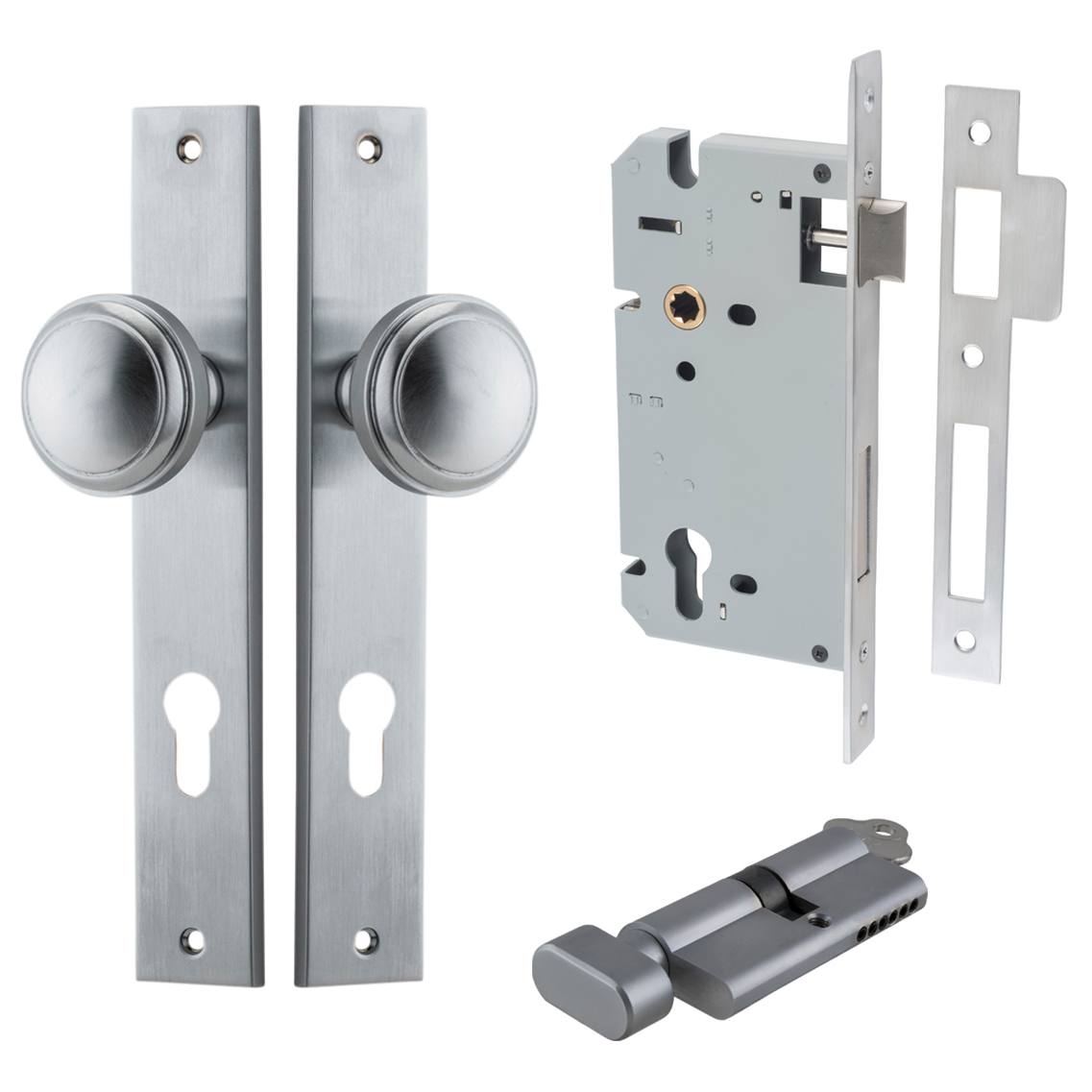 Paddington Knob Rectangular Backplate Entrance Kit w High Security Lock Brushed Chrome