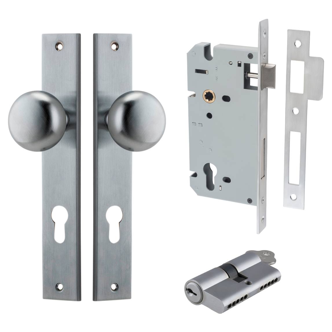 Cambridge Knob Rectangular Backplate Entrance Kit w High Security Lock Brushed Chrome