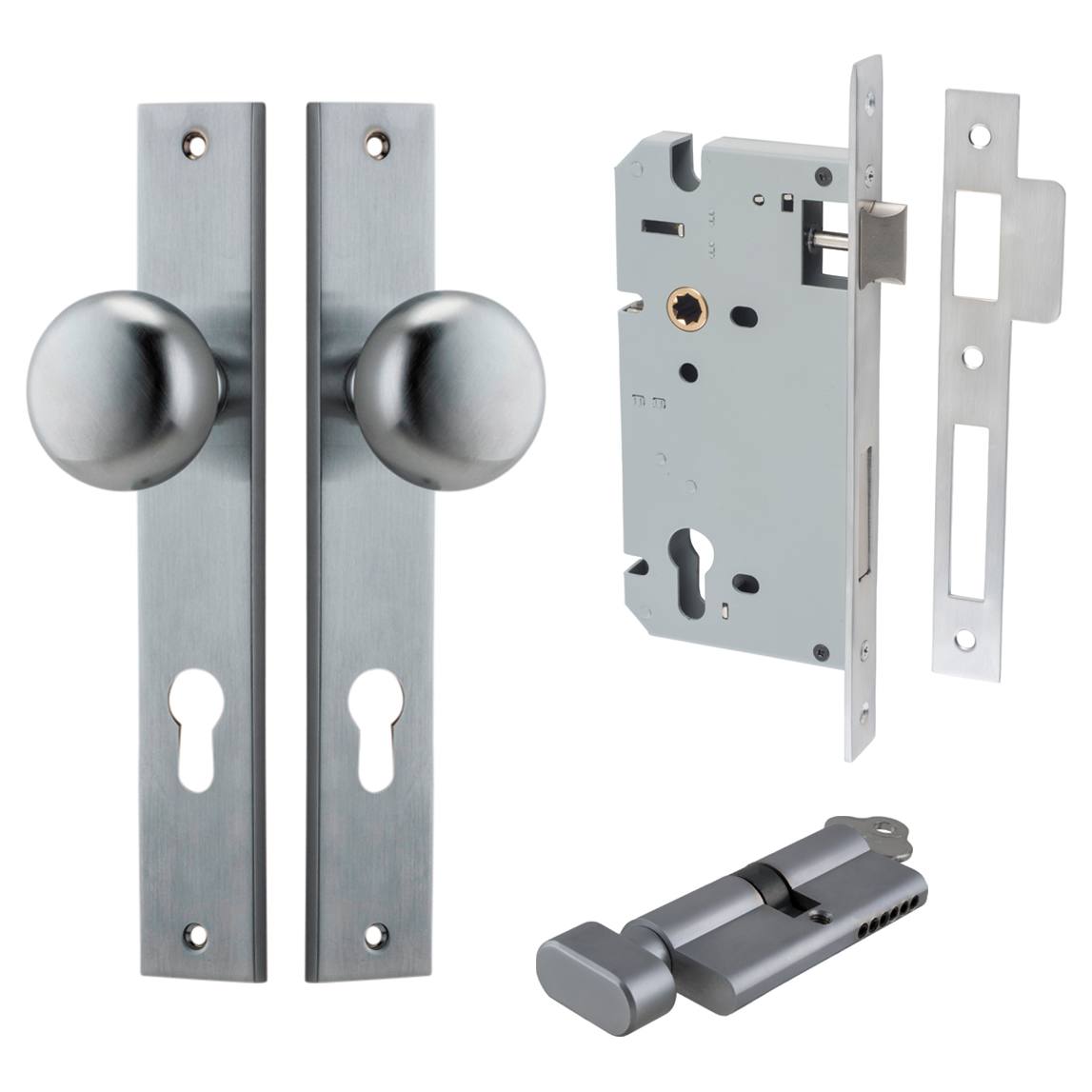 Cambridge Knob Rectangular Backplate Entrance Kit w High Security Lock Brushed Chrome