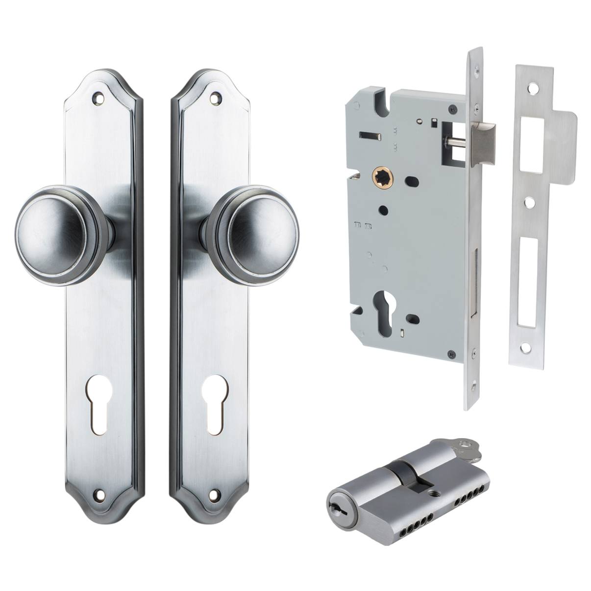 Paddington Knob Shouldered Backplate Entrance Kit w High Security Lock Brushed Chrome