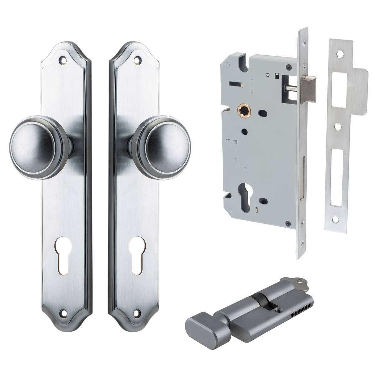 Paddington Knob Shouldered Backplate Entrance Kit w High Security Lock Brushed Chrome