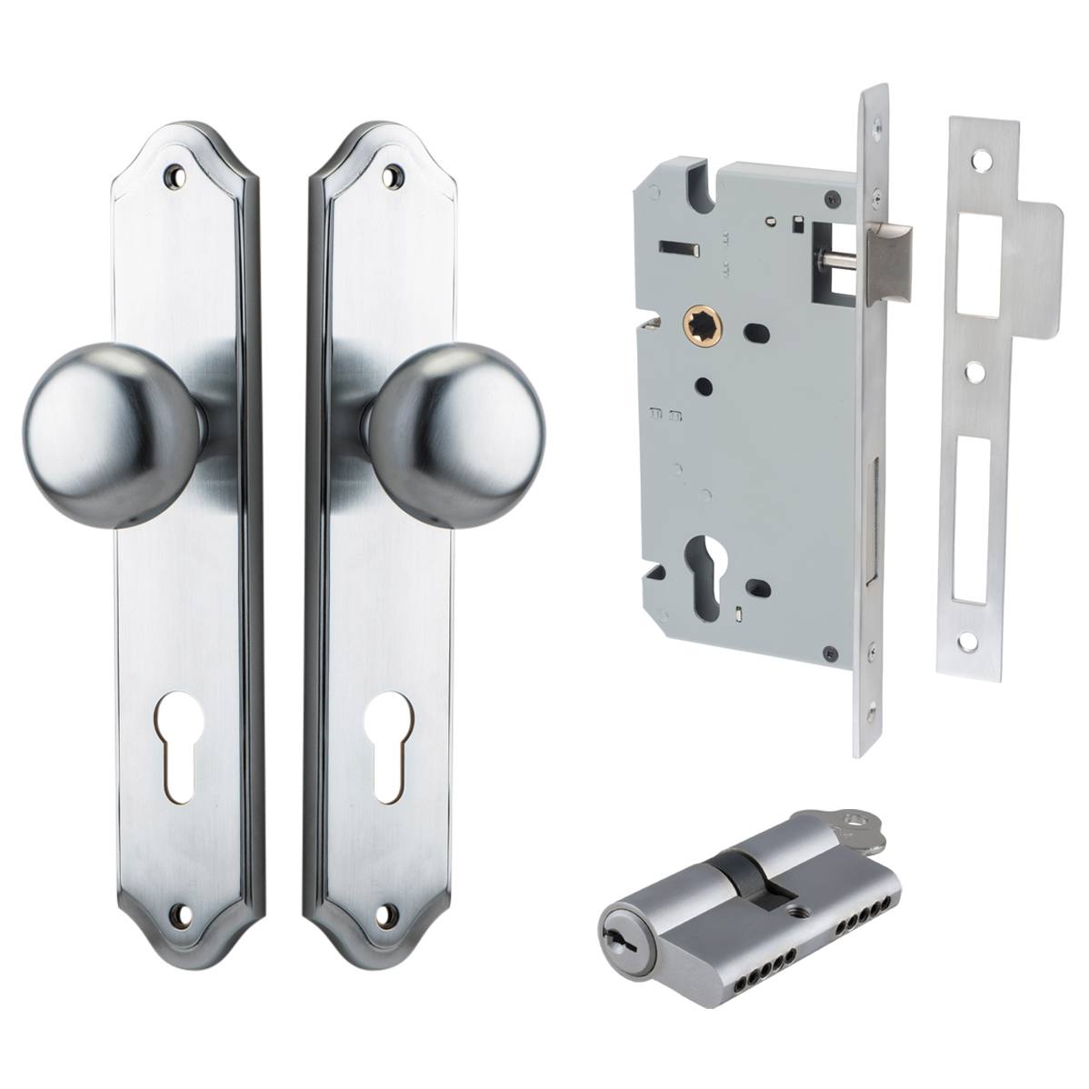 Cambridge Knob Shouldered Backplate Entrance Kit w High Security Lock Brushed Chrome