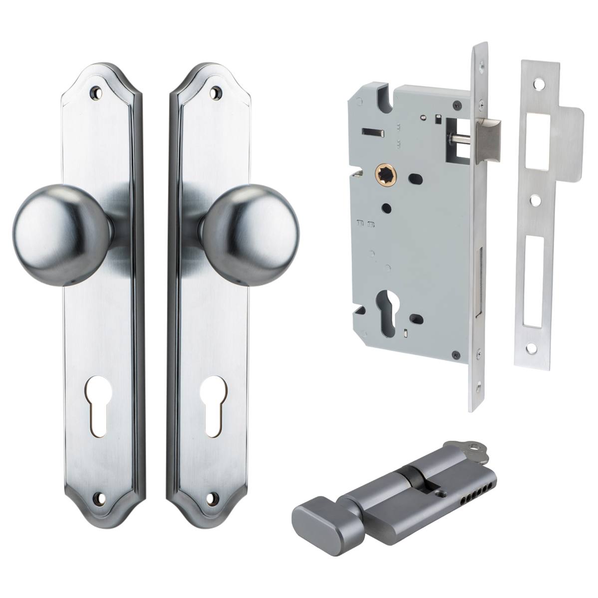 Cambridge Knob Shouldered Backplate Entrance Kit w High Security Lock Brushed Chrome