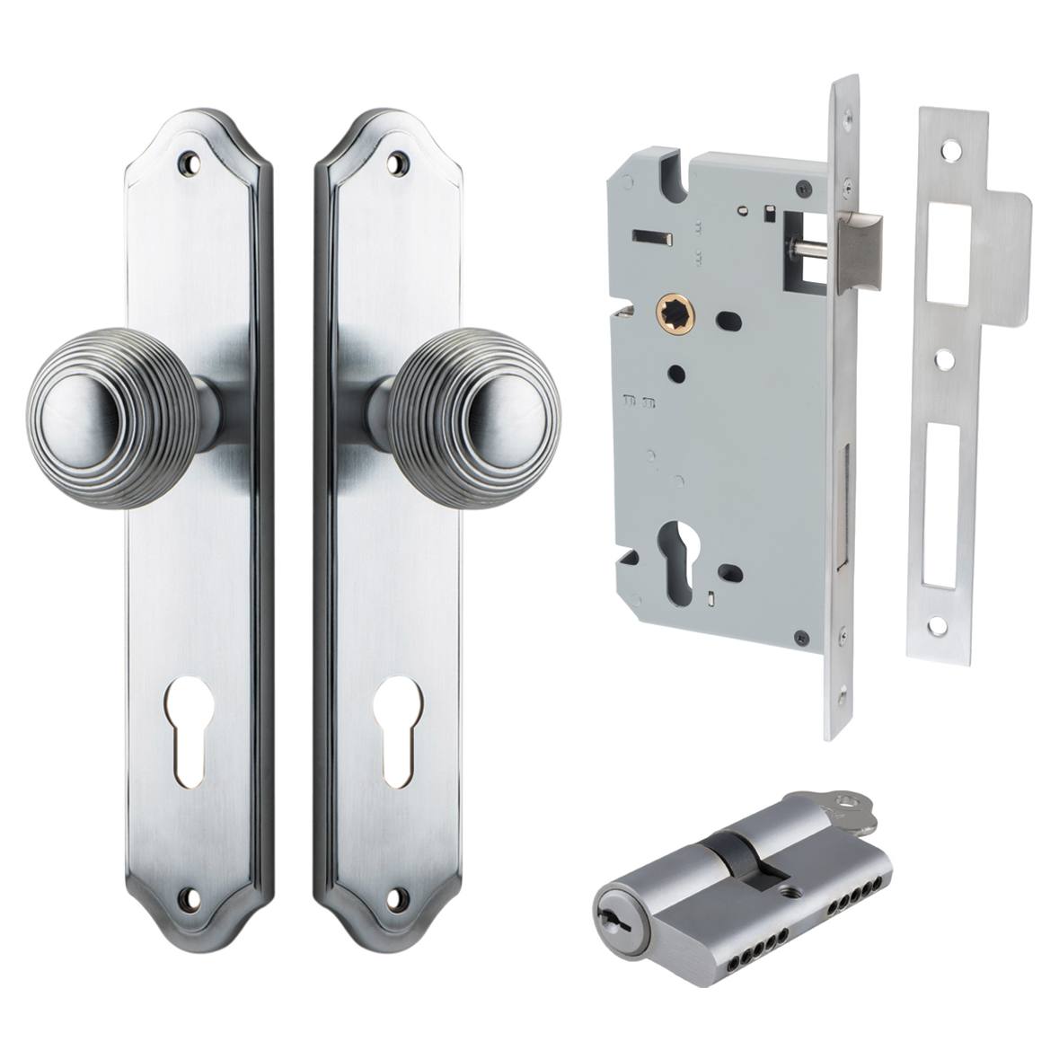 Guildford Knob Shouldered Backplate Entrance Kit w High Security Lock Brushed Chrome