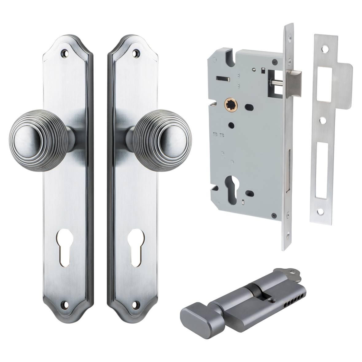 Guildford Knob Shouldered Backplate Entrance Kit w High Security Lock Brushed Chrome