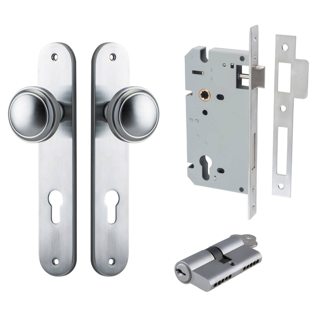 Paddington Knob Oval Backplate Entrance Kit w High Security Lock Brushed Chrome