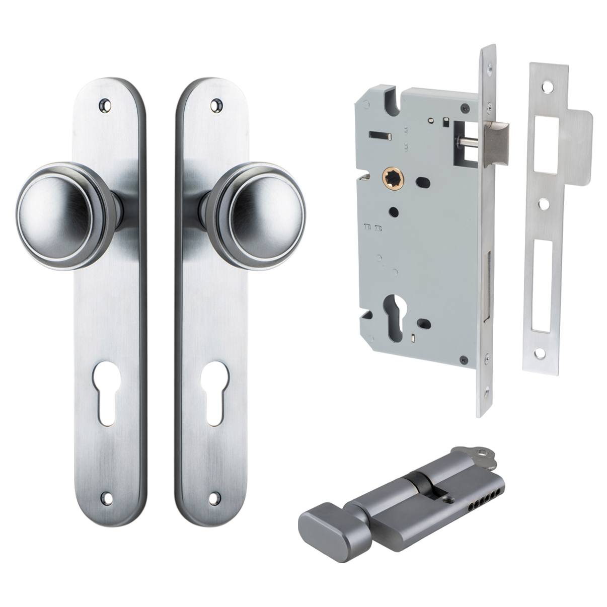 Paddington Knob Oval Backplate Entrance Kit w High Security Lock Brushed Chrome