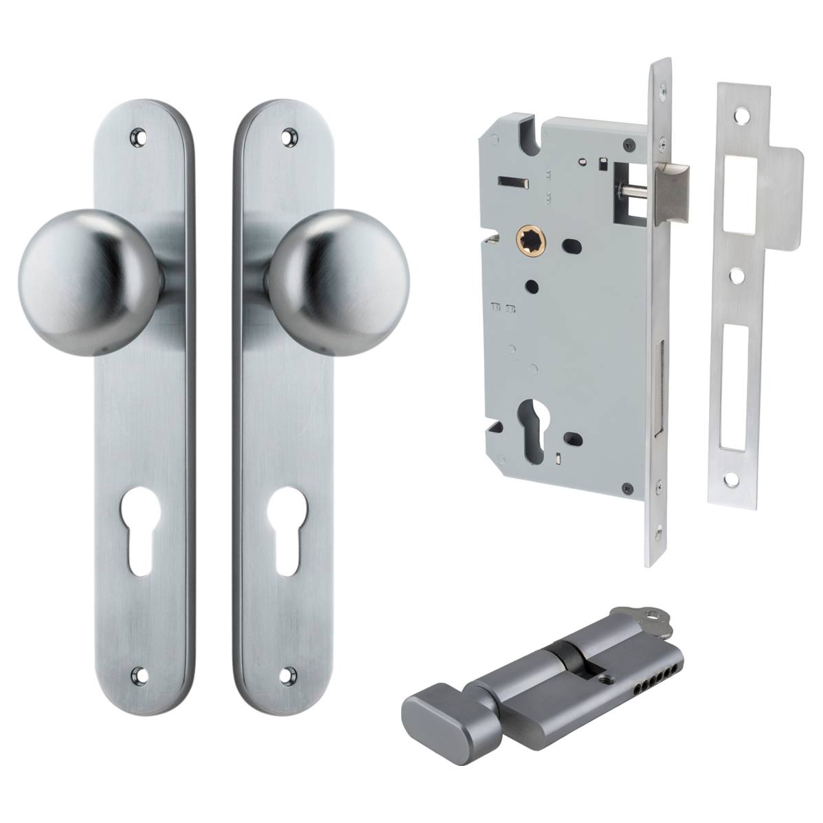 Cambridge Knob Oval Backplate Entrance Kit w High Security Lock Brushed Chrome